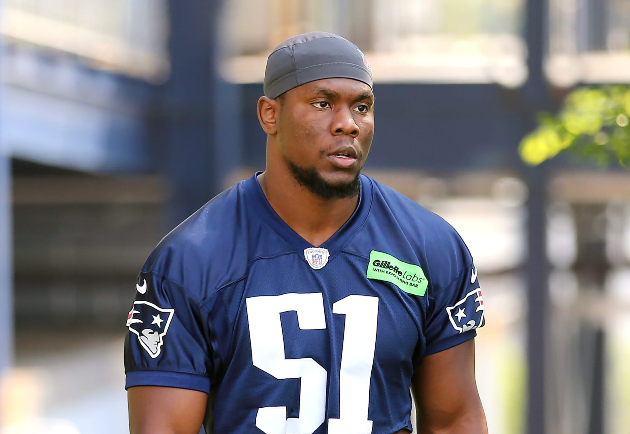Foxborough, MA - July 26: New England Patriots DE Keion White walks out onto the practice field. (Photo by John Tlumacki/The Boston Globe via Getty Images)