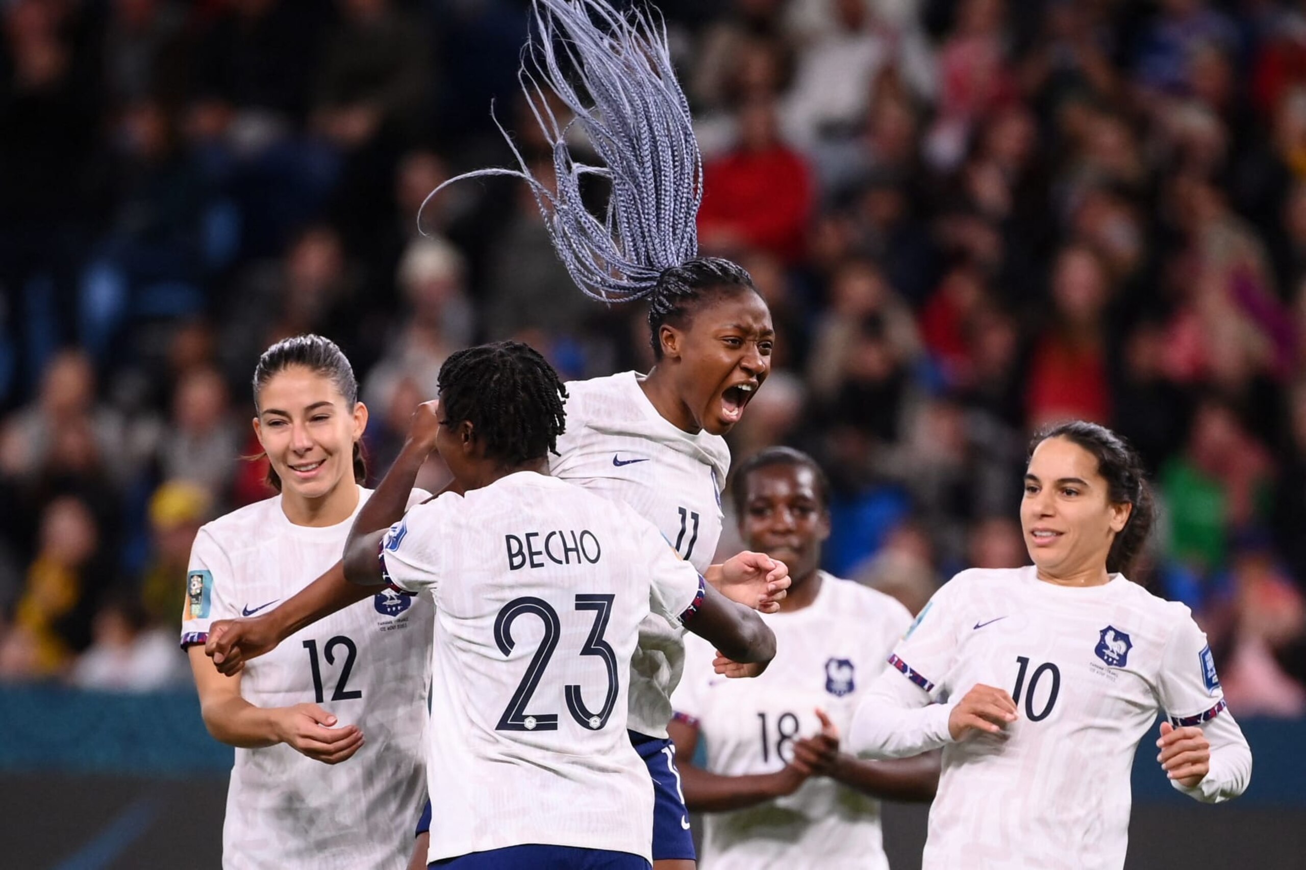TOPSHOT - France's forward #11 Kadidiatou Diani celebrates after scoring during the Australia and New Zealand 2023 Women's World Cup Group F football match between Panama and France at Sydney Football Stadium in Sydney on August 2, 2023. (Photo by FRANCK FIFE / AFP) (Photo by FRANCK FIFE/AFP via Getty Images)
