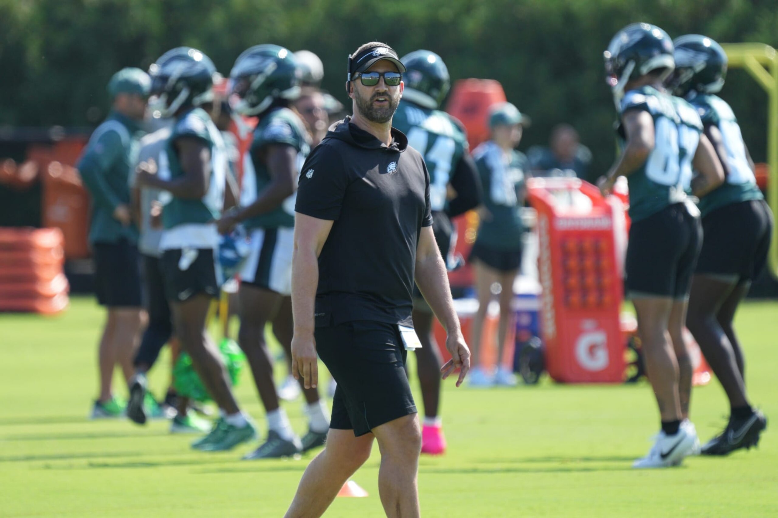 PHILADELPHIA, PA - JULY 28: Philadelphia Eagles head coach Nick Sirianni participates in Philadelphia Eagles Training Camp on July 28, 2023, at the NovaCare Training Complex in Philadelphia, PA. (Photo by Andy Lewis/Icon Sportswire via Getty Images)