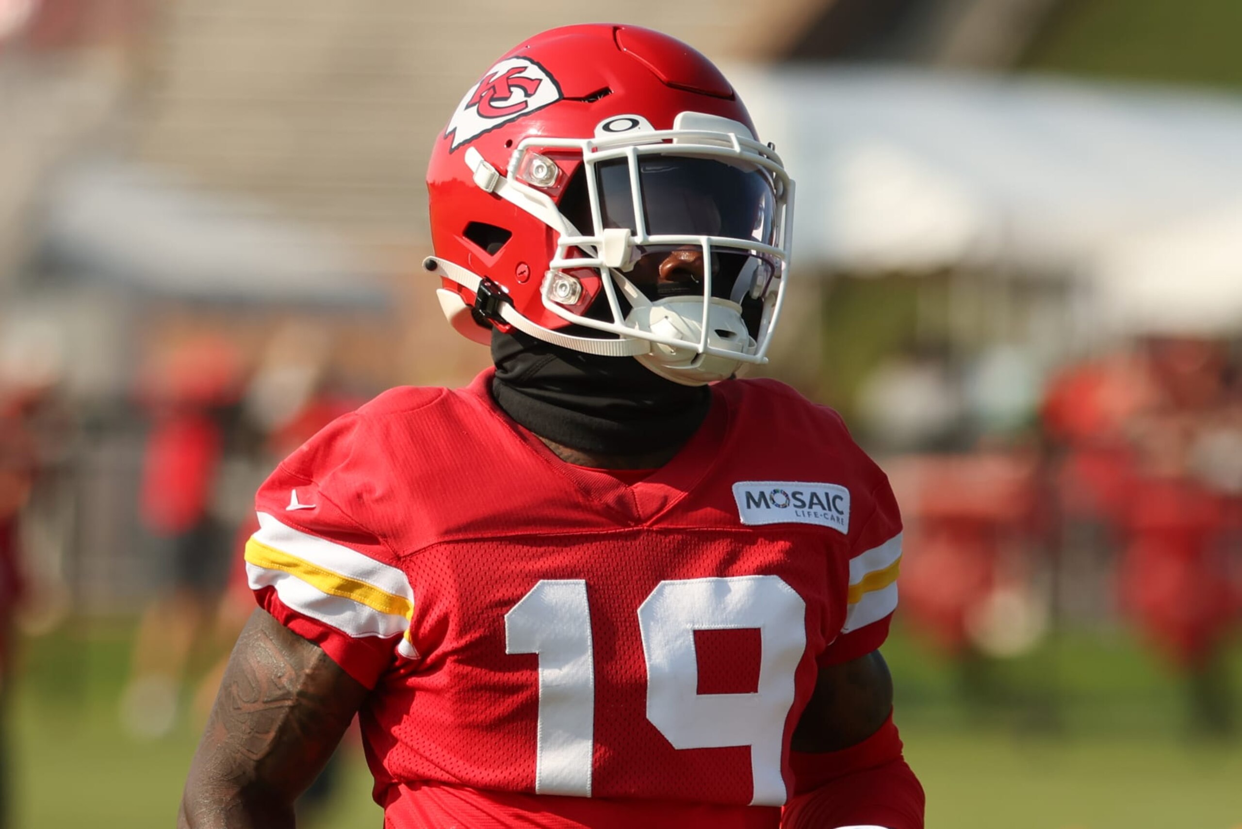 ST. JOSEPH, MO - JULY 23: Kansas City Chiefs wide receiver Kadarius Toney (19) during training camp on July 23, 2023 at Missouri Western State University in St. Joseph, MO. (Photo by Scott Winters/Icon Sportswire via Getty Images) ST. JOSEPH, MO - JULY 23: Kansas City Chiefs wide receiver Kadarius Toney (19) during training camp on July 23, 2023 at Missouri Western State University in St. Joseph, MO. (Photo by Scott Winters/Icon Sportswire via Getty Images)