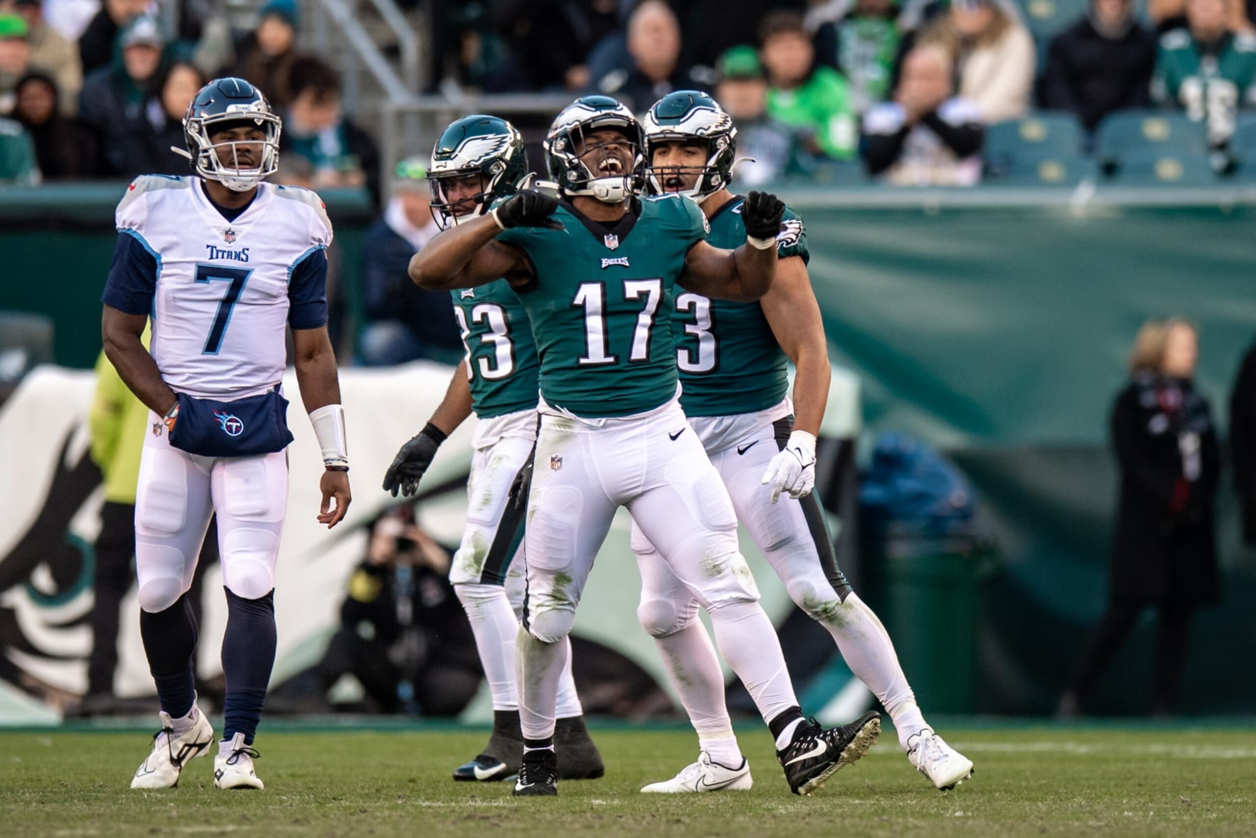 PHILADELPHIA, PA - NOVEMBER 27: Philadelphia Eagles linebacker Nakobe Dean (17) reacts after making a tackle during the second half of the National Football League game between the Tennessee Titans and Philadelphia Eagles on Sunday, December 4, 2022 at Lincoln Financial Field in Philadelphia, PA (Photo by John Jones/Icon Sportswire via Getty Images)