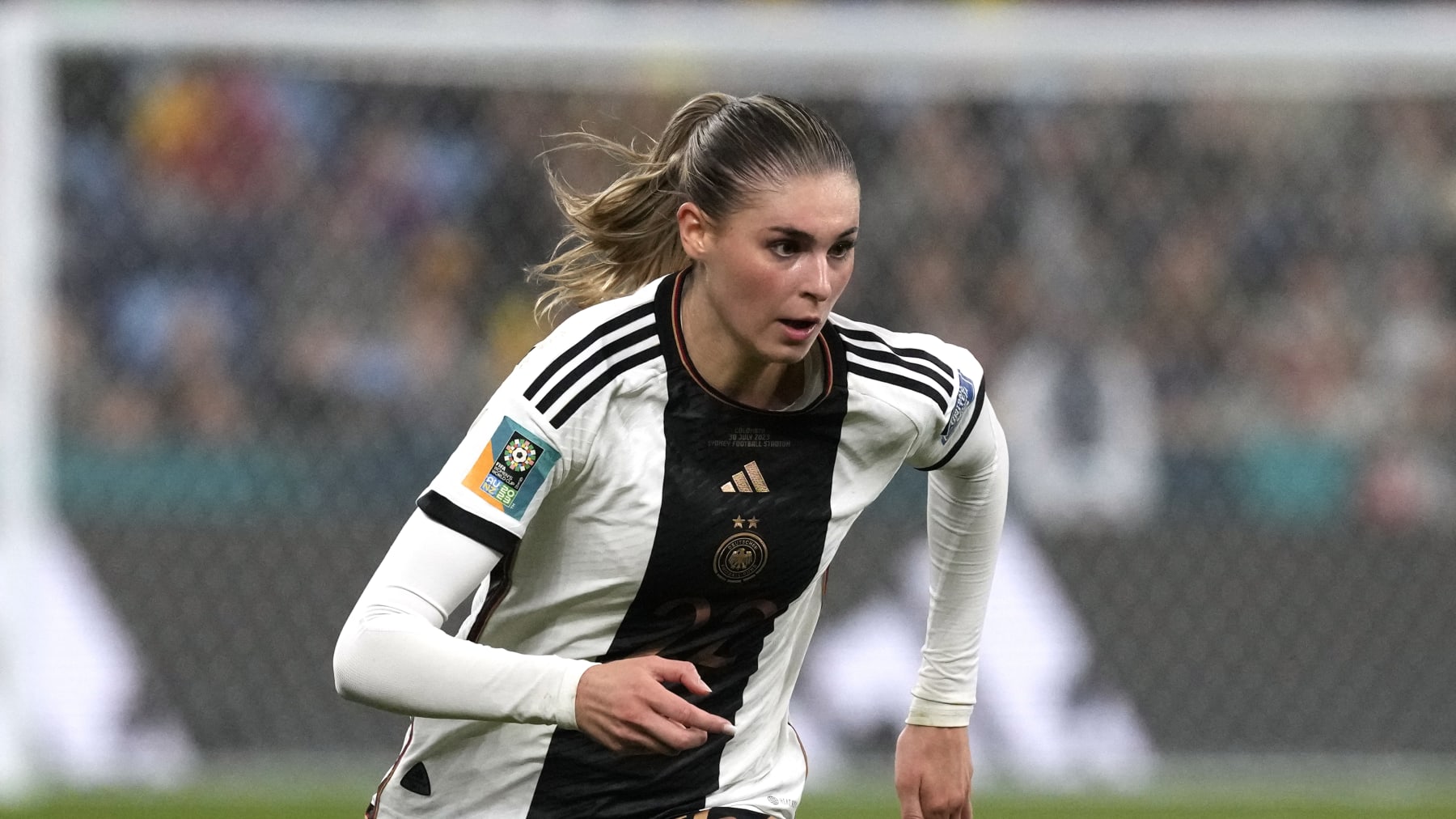 Germany's Jule Brand in action during the Women's World Cup Group H soccer match between Germany and Colombia at the Sydney Football Stadium in Sydney, Australia, Sunday, July 30, 2023. (AP Photo/Mark Baker)