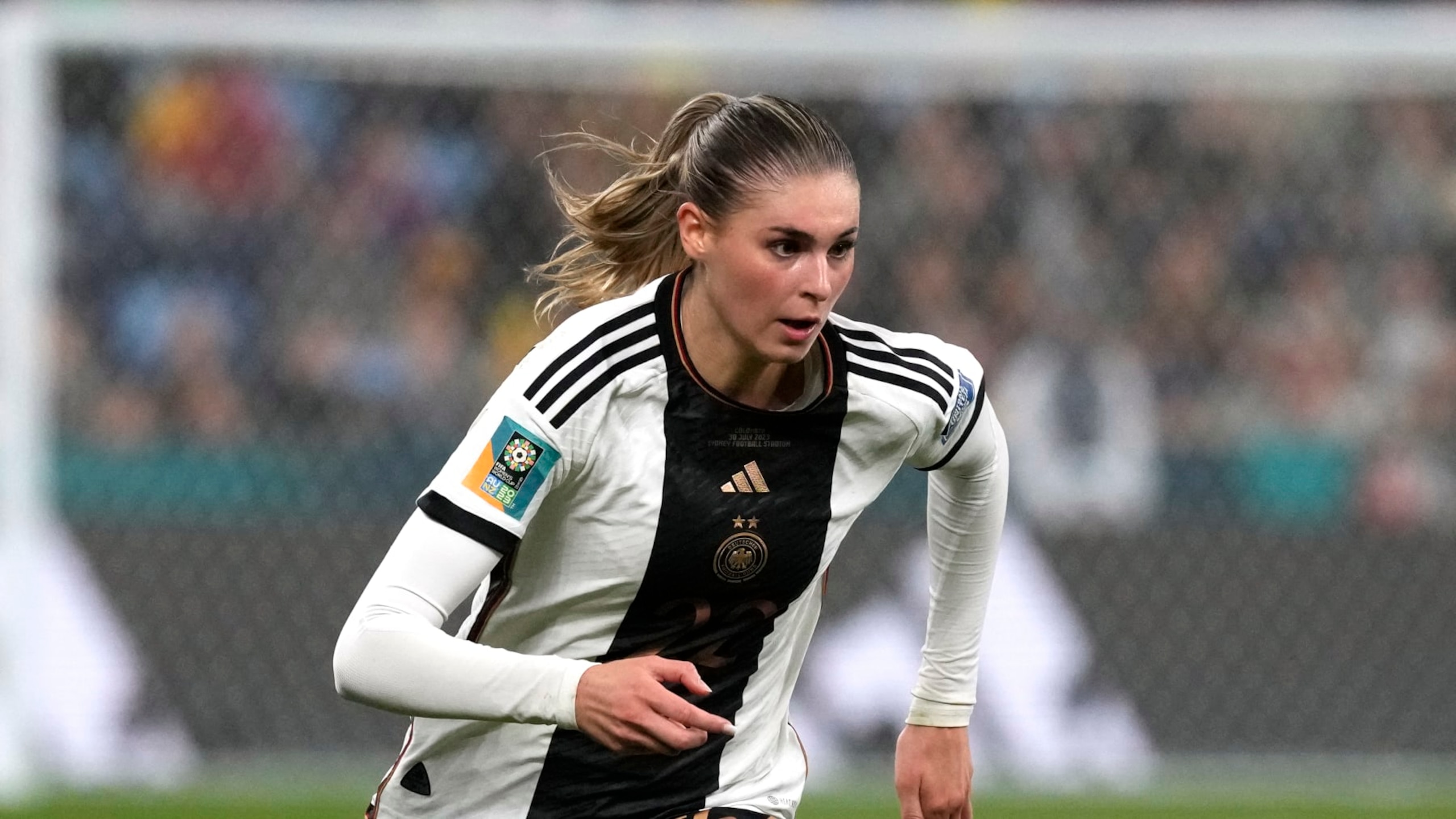 Germany's Jule Brand in action during the Women's World Cup Group H soccer match between Germany and Colombia at the Sydney Football Stadium in Sydney, Australia, Sunday, July 30, 2023. (AP Photo/Mark Baker)