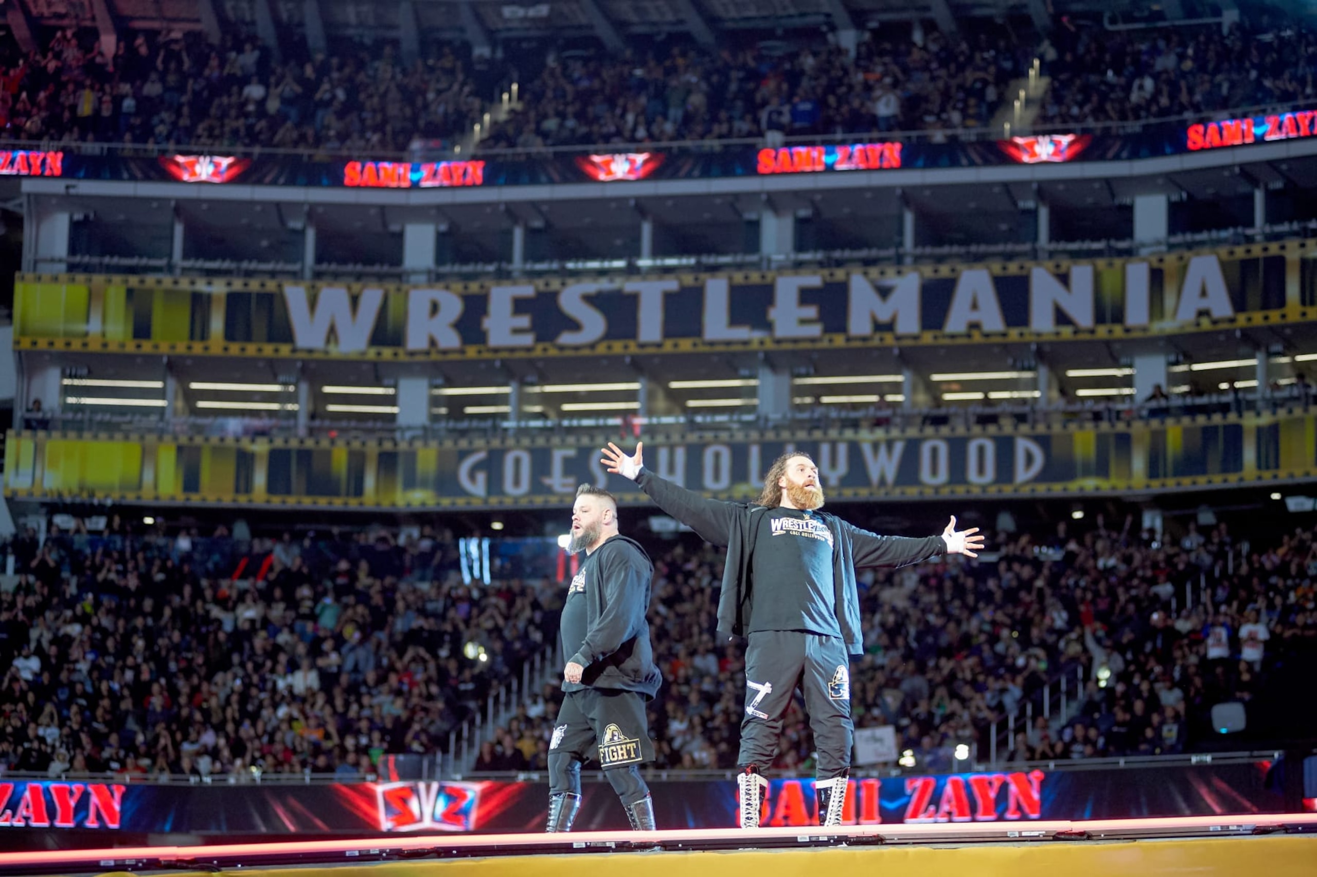 INGLEWOOD, CALIFORNIA - APRIL 01: Kevin Owens and Sami Zayn wrestle The Usos for the Undisputed WWE tag team championship during WrestleMania 39 at SoFi Stadium on April 01, 2023 in Inglewood, California. (Photo by Unique Nicole/Getty Images)