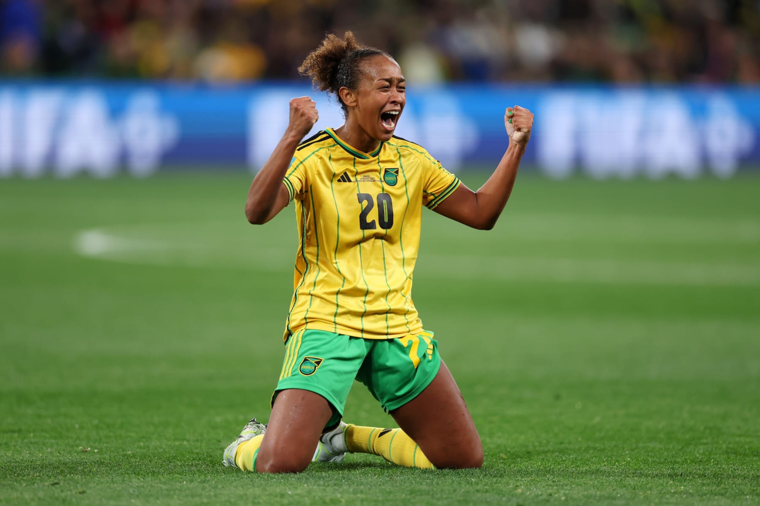 MELBOURNE, AUSTRALIA - AUGUST 02: Atlanta Primus of Jamaica celebrates after their team advanced to the knockouts after the FIFA Women's World Cup Australia & New Zealand 2023 Group F match between Jamaica and Brazil at Melbourne Rectangular Stadium on August 02, 2023 in Melbourne, Australia. (Photo by Alex Pantling - FIFA/FIFA via Getty Images)