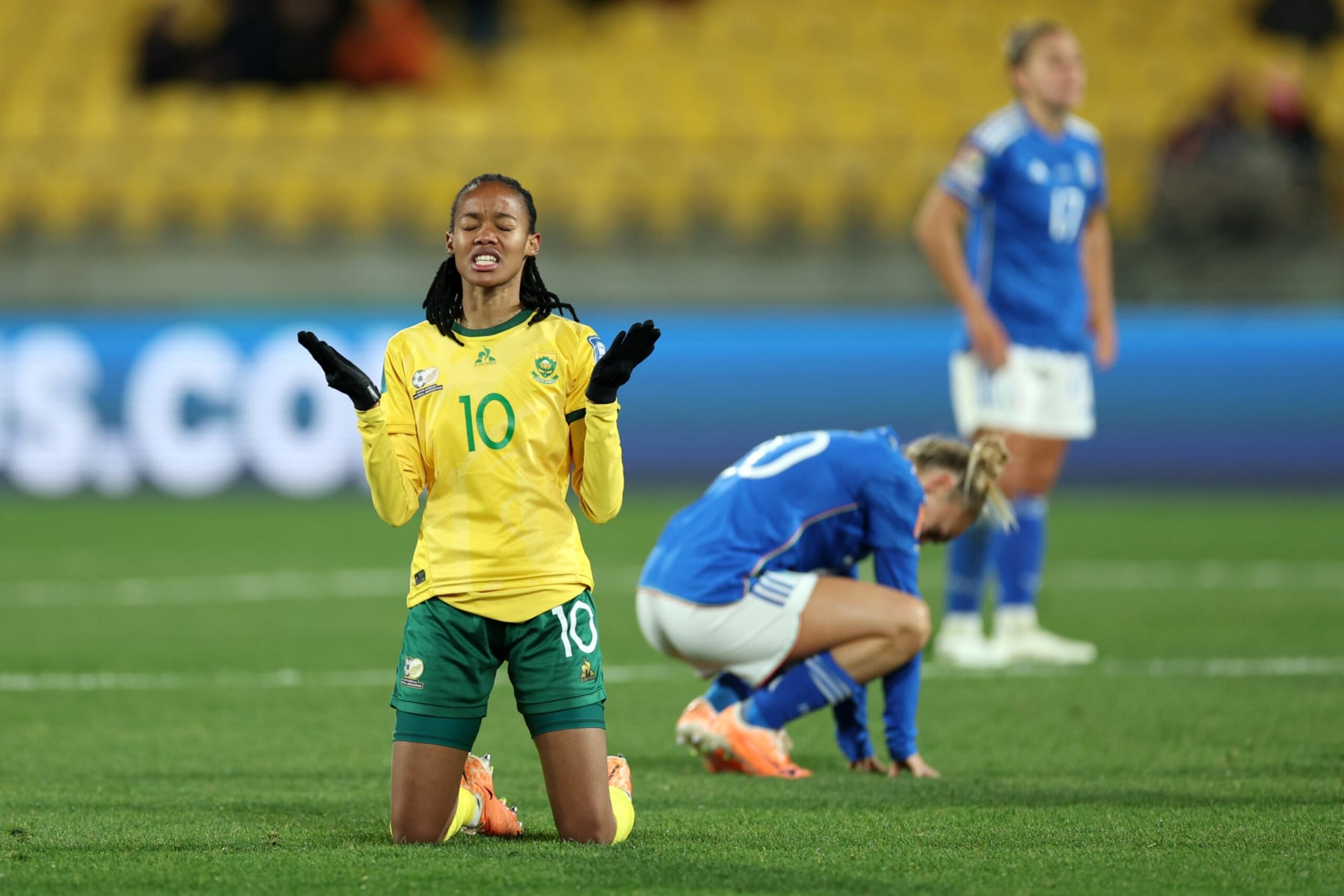 WELLINGTON, NEW ZEALAND - AUGUST 02: Linda Motlhalo of South Africa reacts during the FIFA Women's World Cup Australia & New Zealand 2023 Group G match between South Africa and Italy at Wellington Regional Stadium on August 02, 2023 in Wellington, New Zealand. (Photo by Hagen Hopkins - FIFA/FIFA via Getty Images)