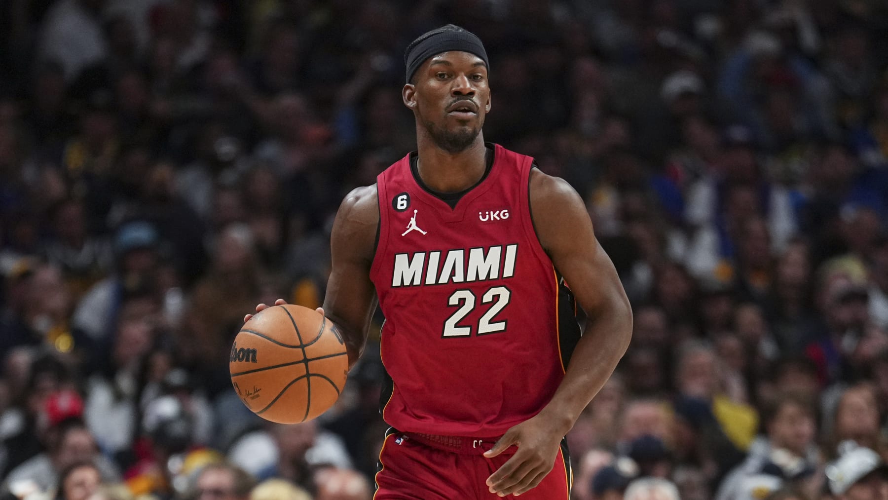 Miami Heat forward Jimmy Butler against the Denver Nuggets during the first half of Game 5 of basketball's NBA Finals, Monday, June 12, 2023, in Denver. (AP Photo/Jack Dempsey)