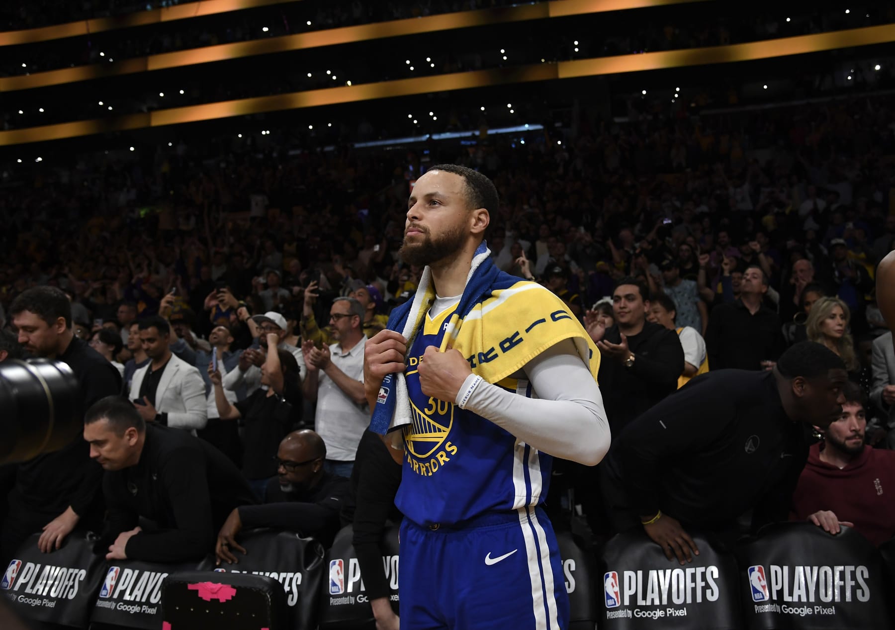 LOS ANGELES, CALIFORNIA - MAY 12: Stephen Curry #30 of the Golden State Warriors reacts after losing to the Los Angeles Lakers during the Western Conference Semifinal Playoff game at Crypto.com Arena on May 12, 2023 in Los Angeles, California. Lakers eliminated the Warriors, 122-101. NOTE TO USER: User expressly acknowledges and agrees that, by downloading and or using this photograph, User is consenting to the terms and conditions of the Getty Images License Agreement. (Photo by Kevork Djansezian/Getty Images)