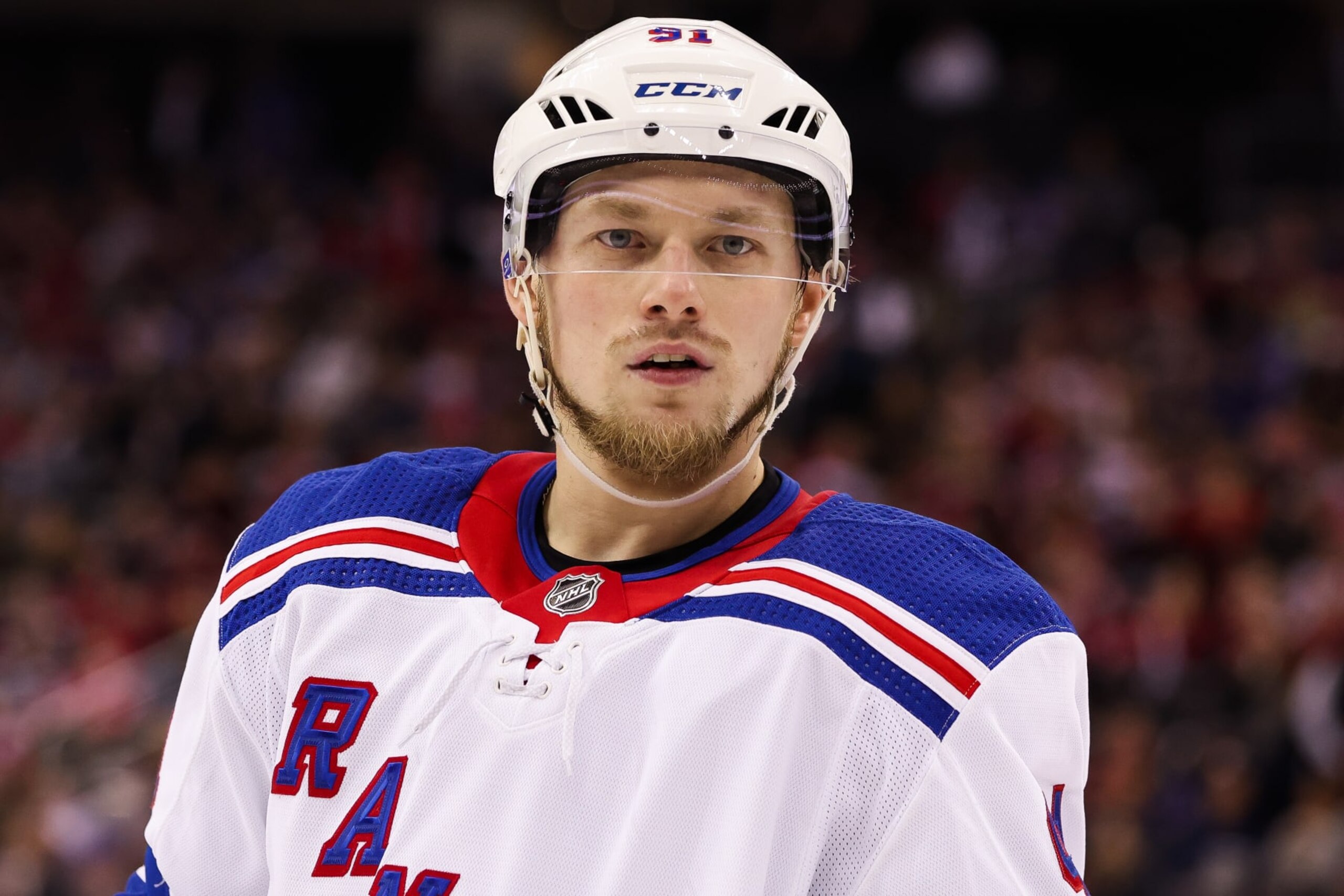 NEWARK, NJ - APRIL 27: New York Rangers right wing Vladimir Tarasenko (91) looks on during the National Hockey League game between the New York Rangers and the New Jersey Devils on April 27, 2023 at Prudential Center in Newark, NJ. (Photo by Andrew Mordzynski/Icon Sportswire via Getty Images)