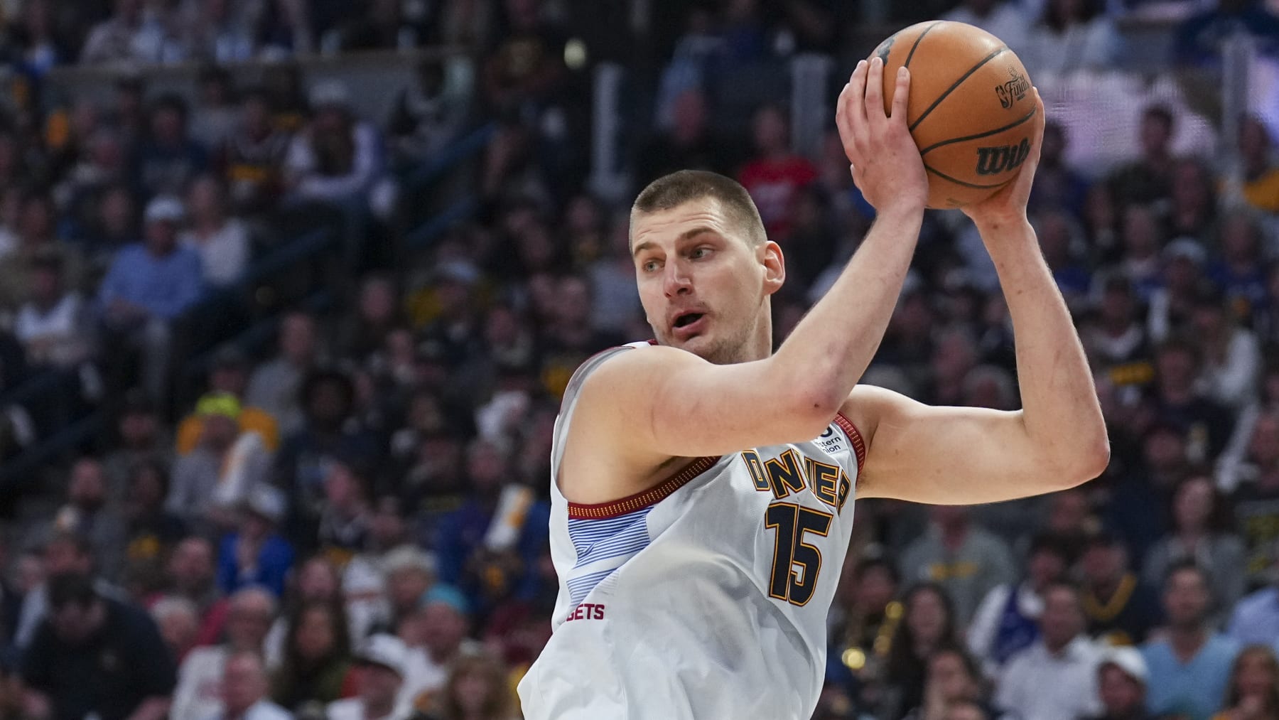 Denver Nuggets center Nikola Jokic against the Miami Heat during the first half of Game 5 of basketball's NBA Finals, Monday, June 12, 2023, in Denver. (AP Photo/Jack Dempsey)