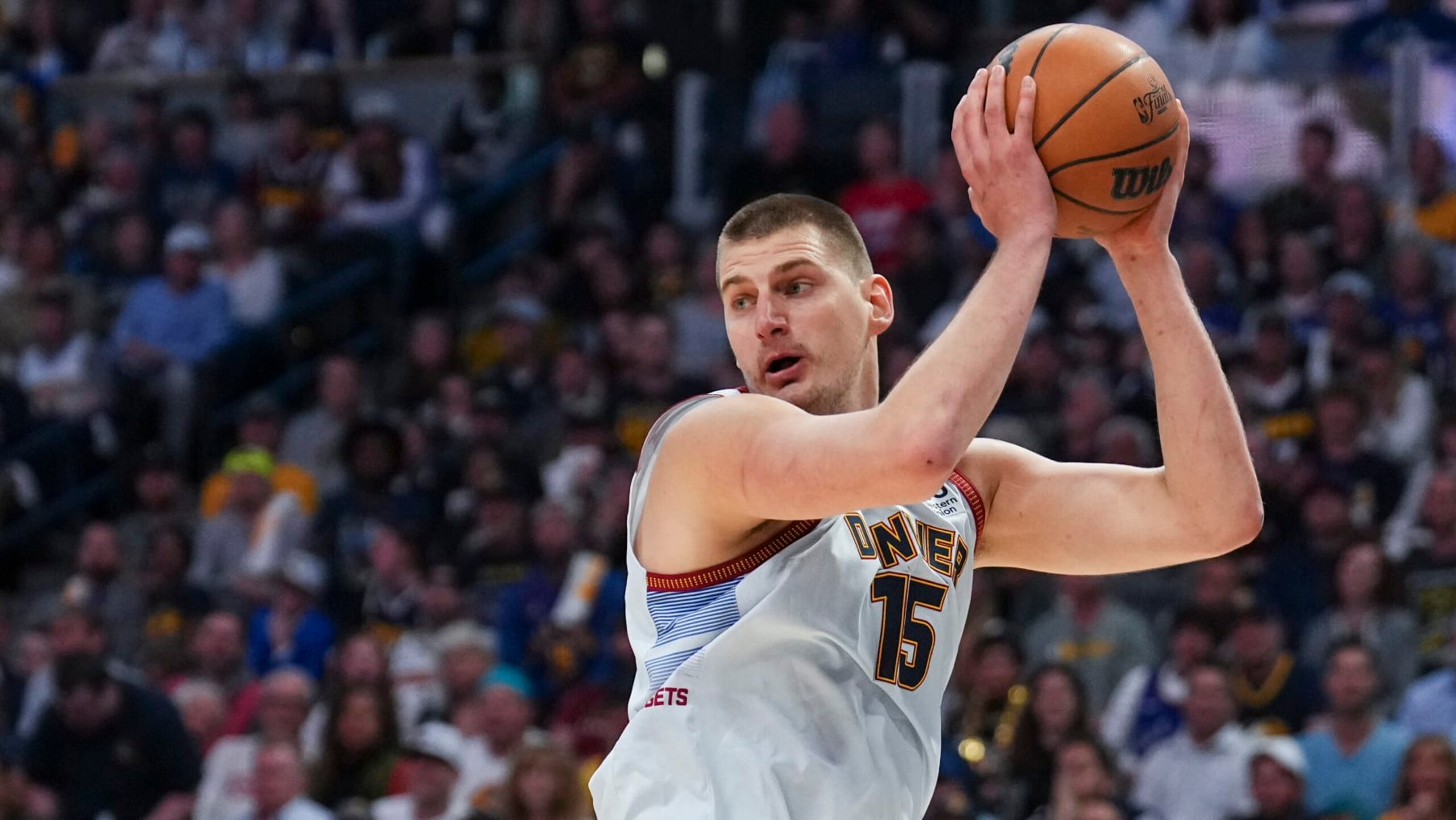 Denver Nuggets center Nikola Jokic against the Miami Heat during the first half of Game 5 of basketball's NBA Finals, Monday, June 12, 2023, in Denver. (AP Photo/Jack Dempsey)