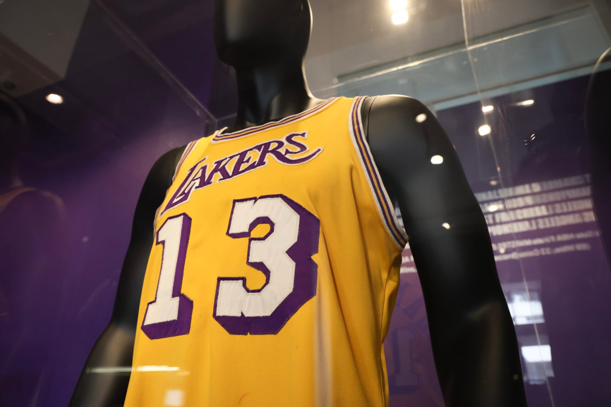 LOS ANGELES, CALIFORNIA - AUGUST 01: Wilt Chamberlain's 1972 NBA Finals jersey from the Los Angeles Lakers 1st ever Championship is on display during the press preview at Sotheby's Auction House on August 01, 2023 in Los Angeles, California. (Photo by Rodin Eckenroth/Getty Images)