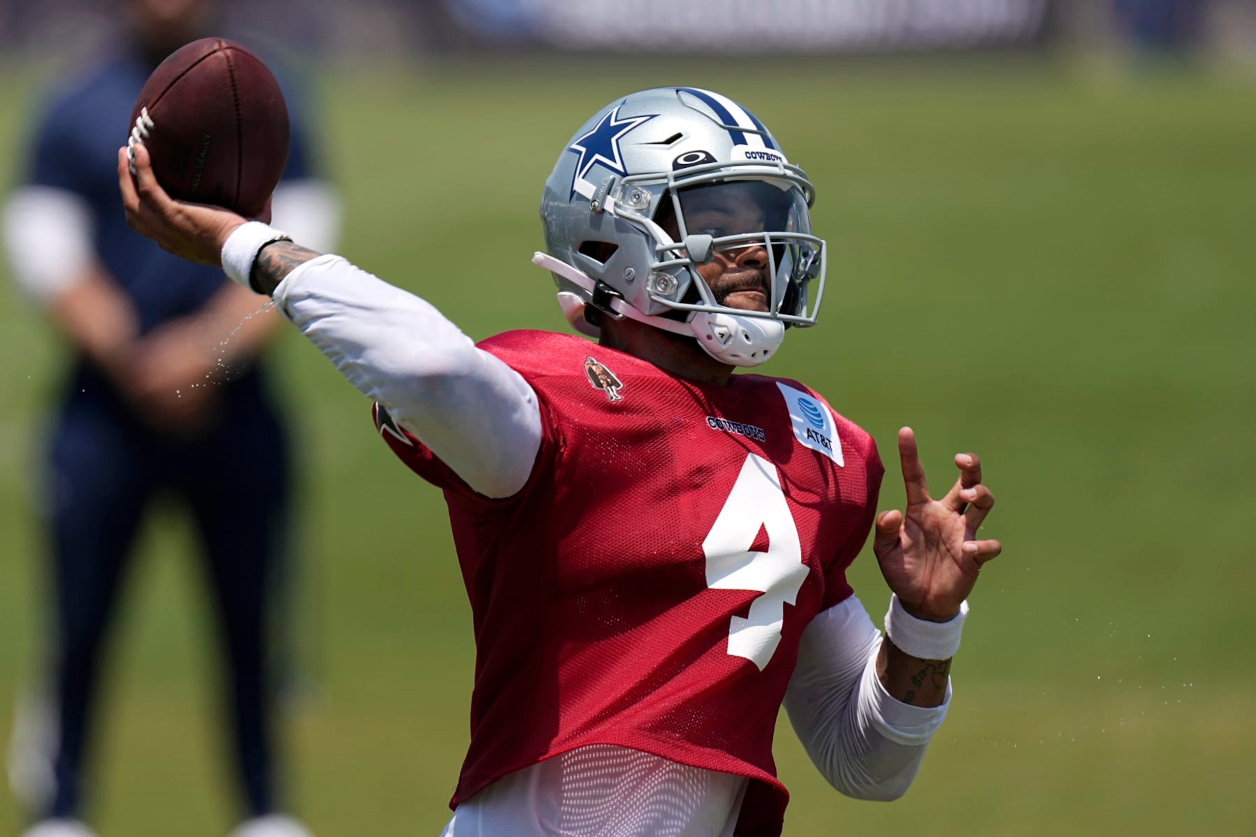 Dallas Cowboys quarterback Dak Prescott pass during the NFL football team's training camp Monday, July 31, 2023, in Oxnard, Calif. (AP Photo/Mark J. Terrill) Dallas Cowboys quarterback Dak Prescott pass during the NFL football team's training camp Monday, July 31, 2023, in Oxnard, Calif. (AP Photo/Mark J. Terrill)