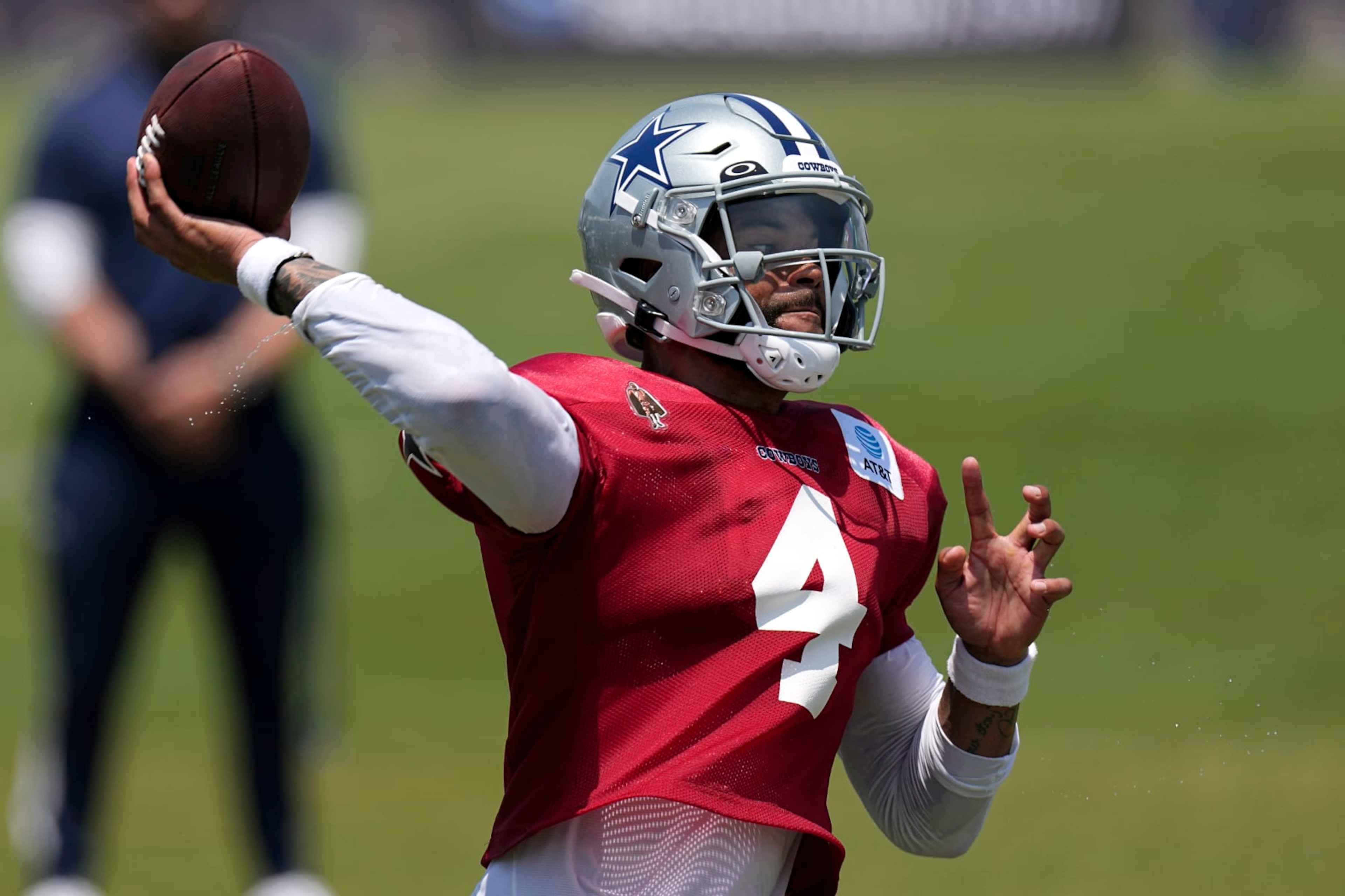 Dallas Cowboys quarterback Dak Prescott pass during the NFL football team's training camp Monday, July 31, 2023, in Oxnard, Calif. (AP Photo/Mark J. Terrill)