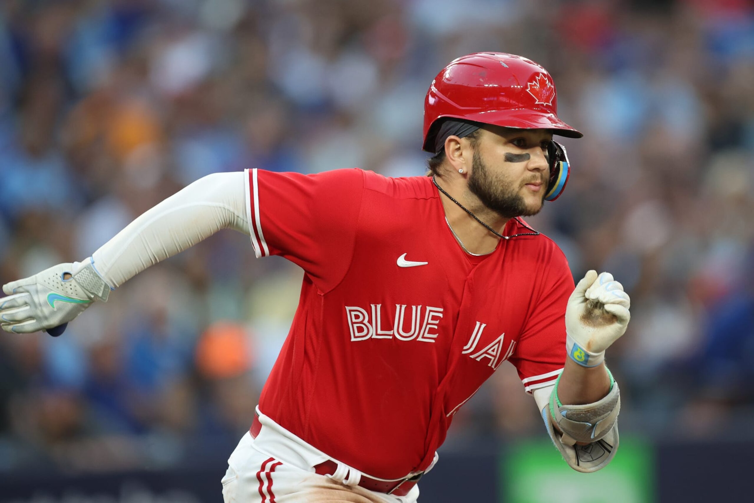 TORONTO-Toronto Blue Jays Bo Bichette runs to first just before he leaves the game after a strain in the fourth  Inning in Toronto on Monday against the Orioles.  (R.J.Johnston/Toronto Star)        (R.J. Johnston Toronto Star/Toronto Star via Getty Images)