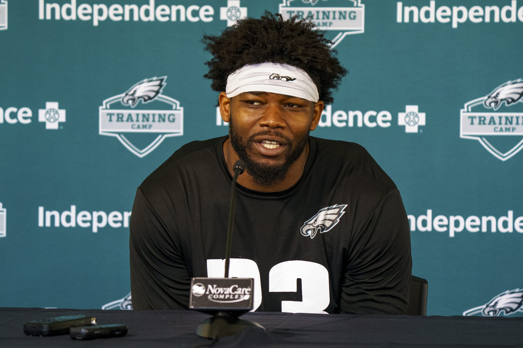 Philadelphia Eagles' Rashaad Penny talks to the media during practice at NFL football training camp, Sunday, July 30, 2023, in Philadelphia. (AP Photo/Chris Szagola)