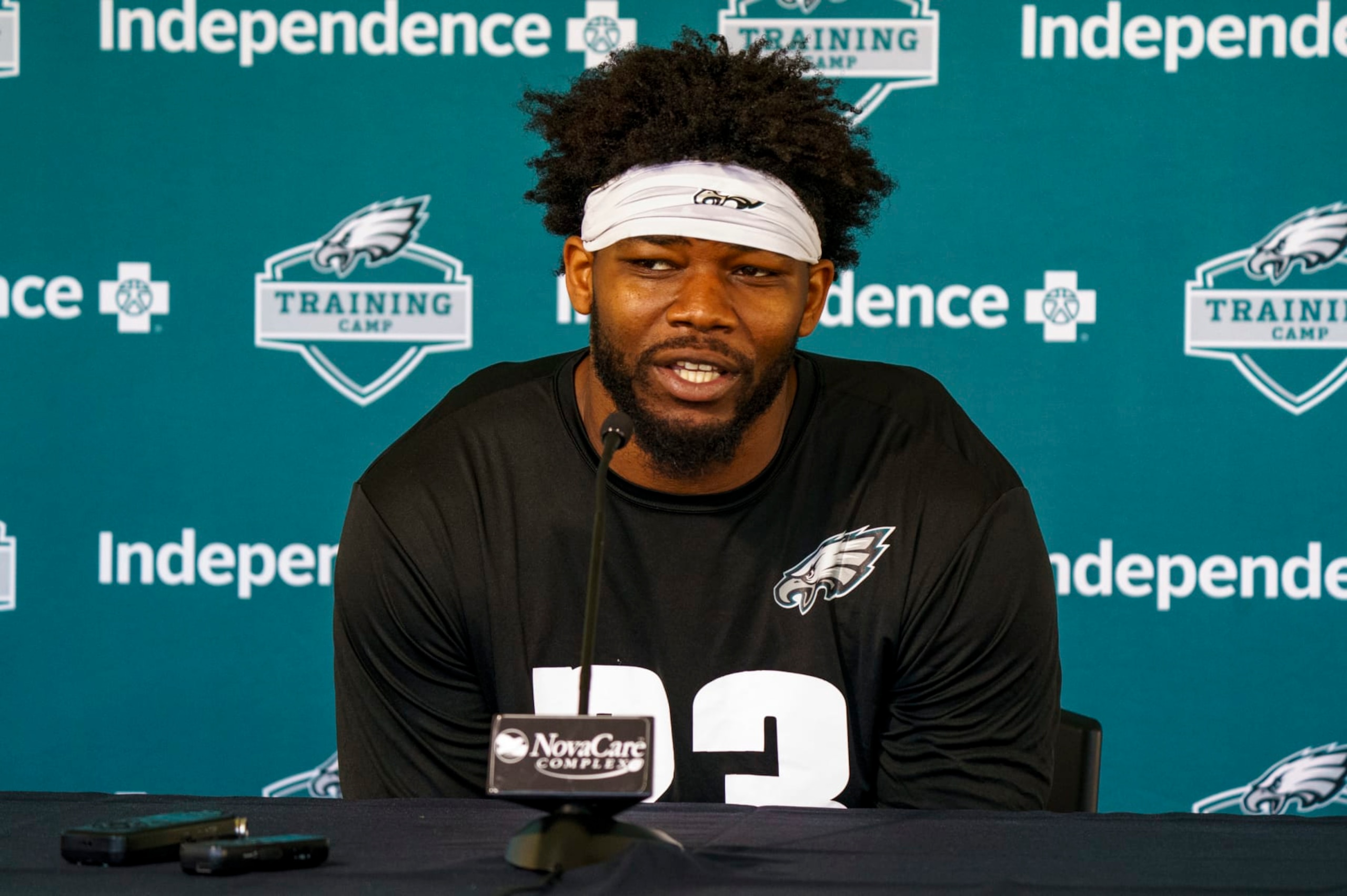 Philadelphia Eagles' Rashaad Penny talks to the media during practice at NFL football training camp, Sunday, July 30, 2023, in Philadelphia. (AP Photo/Chris Szagola)