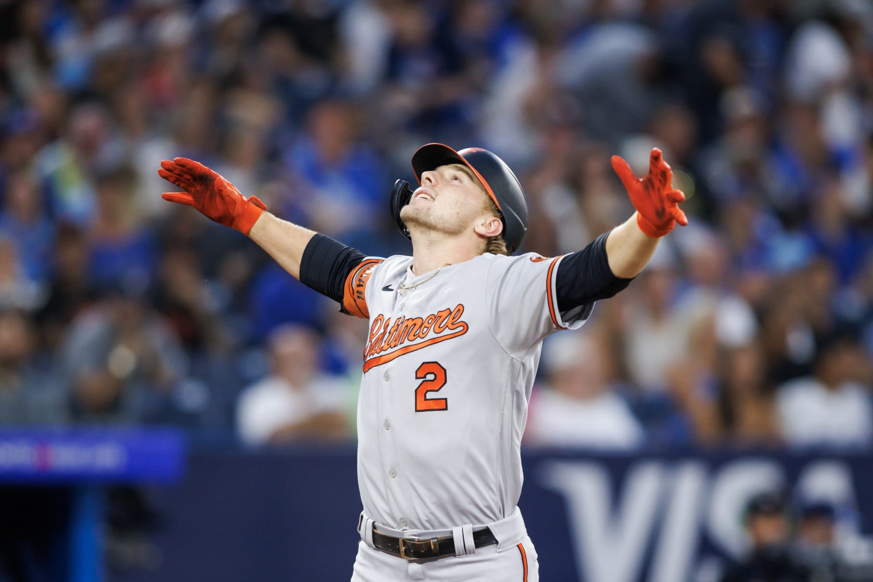 TORONTO, CANADA - AUGUST 1: Gunnar Henderson #2 of the Baltimore Orioles celebrates a solo home run in the sixth inning of their MLB game against the Toronto Blue Jays at Rogers Centre on August 1, 2023 in Toronto, Canada. (Photo by Cole Burston/Getty Images)