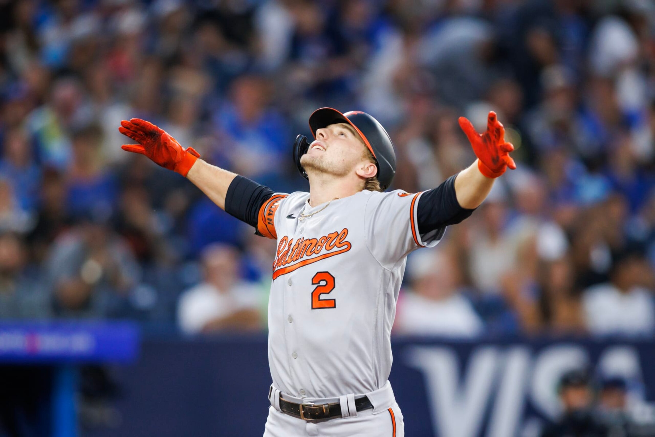 TORONTO, CANADA - AUGUST 1: Gunnar Henderson #2 of the Baltimore Orioles celebrates a solo home run in the sixth inning of their MLB game against the Toronto Blue Jays at Rogers Centre on August 1, 2023 in Toronto, Canada. (Photo by Cole Burston/Getty Images)