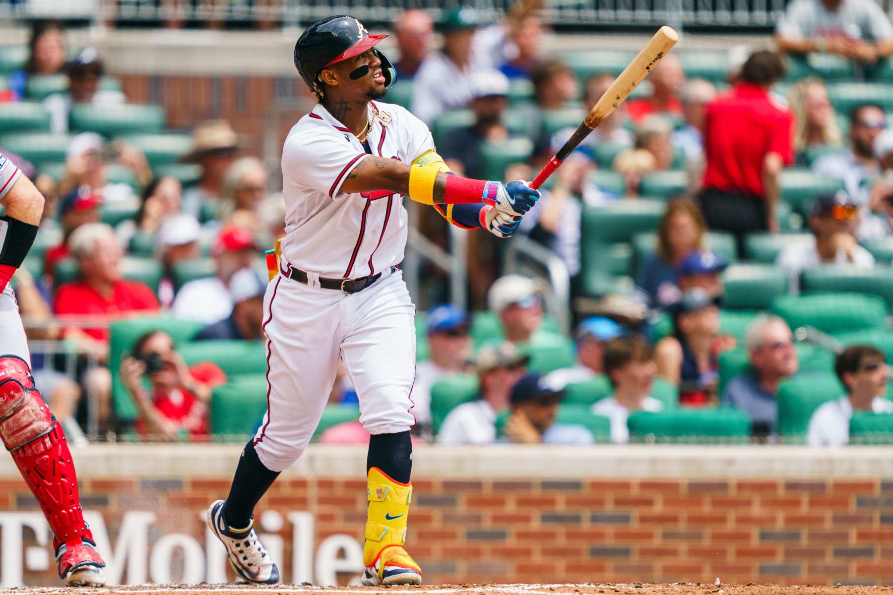 ATLANTA, GA - AUGUST 2: Ronald Acuña Jr. #13 of the Atlanta Braves hits a home run in the third inning during the game against the Los Angeles Angels at Truist Park on August 2, 2023 in Atlanta, Georgia. (Photo by Matthew Grimes Jr./Atlanta Braves/Getty Images)
