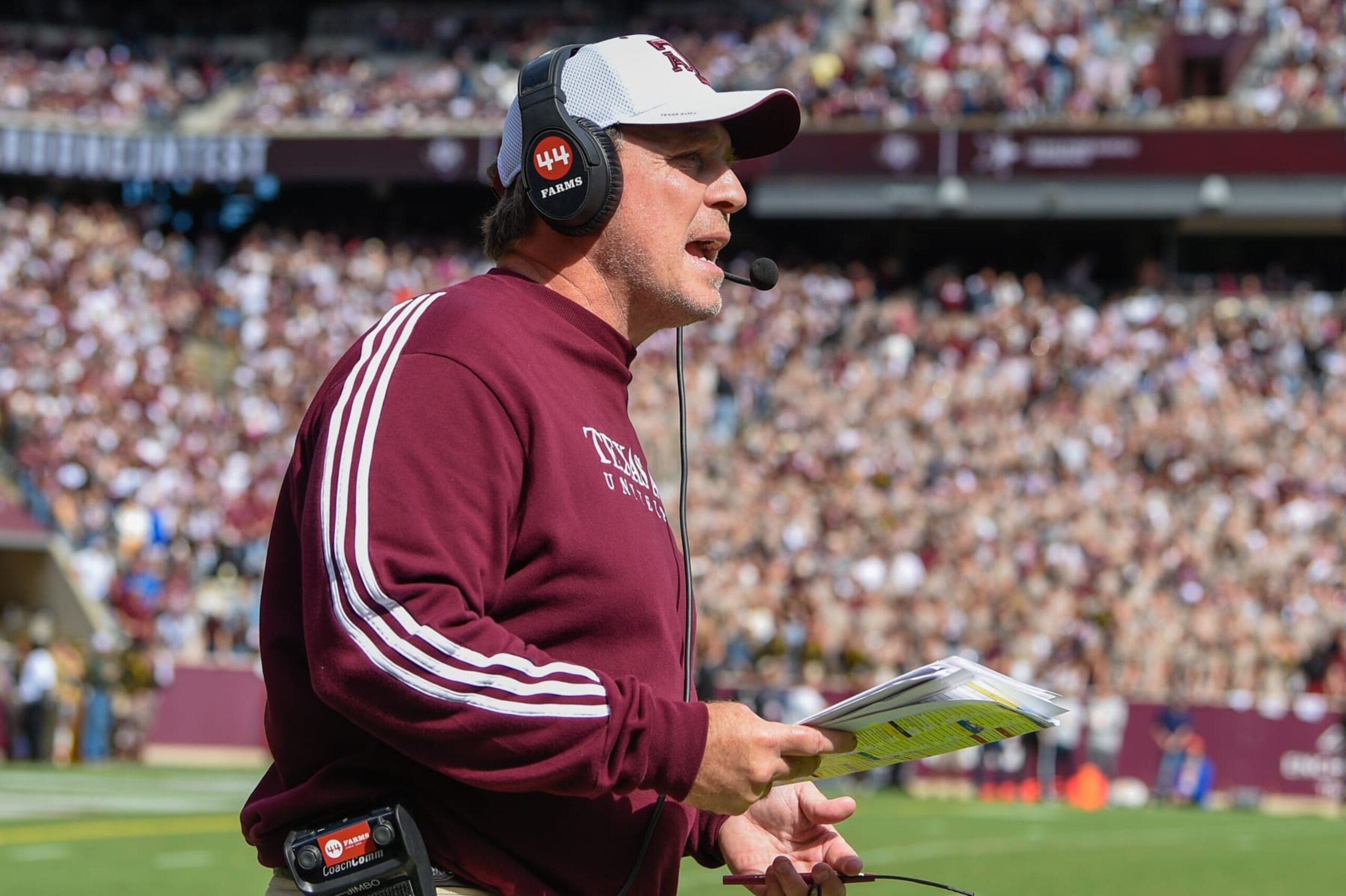 COLLEGE STATION, TX - NOVEMBER 05: Texas A&M Aggies head coach Jimbo Fisher looks on from the sideline during second half action during the football game between the Florida Gators and Texas A&M Aggies at Kyle Field on November 5, 2022 in College Station, Texas. (Photo by Ken Murray/Icon Sportswire via Getty Images) COLLEGE STATION, TX - NOVEMBER 05: Texas A&M Aggies head coach Jimbo Fisher looks on from the sideline during second half action during the football game between the Florida Gators and Texas A&M Aggies at Kyle Field on November 5, 2022 in College Station, Texas. (Photo by Ken Murray/Icon Sportswire via Getty Images)