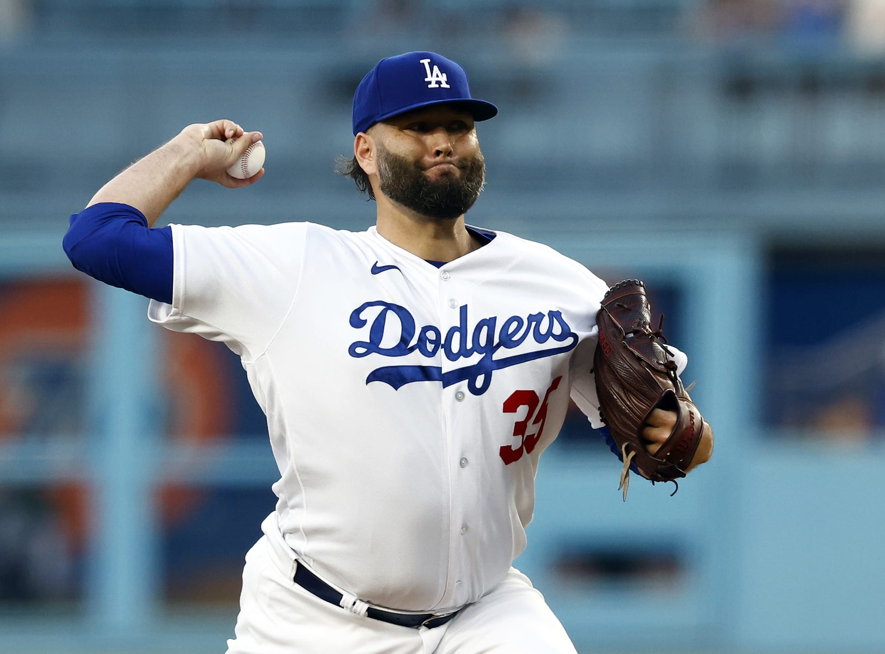 LOS ANGELES, CALIFORNIA - AUGUST 01:  Lance Lynn #35 of the Los Angeles Dodgers throws against the Oakland Athletics in the first inning at Dodger Stadium on August 01, 2023 in Los Angeles, California. (Photo by Ronald Martinez/Getty Images)