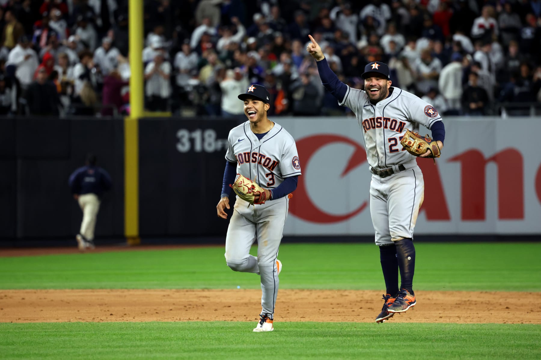 NEW YORK, NY - OCTOBER 23:  Jeremy Peña #3 and Jose Altvue #27 of the Houston Astros celebrate on the field after Astros defeated the New York Yankees in Game 4 of the ALCS at Yankee Stadium on Sunday, October 23, 2022 in New York, New York. (Photo by Mary DeCicco/MLB Photos via Getty Images)