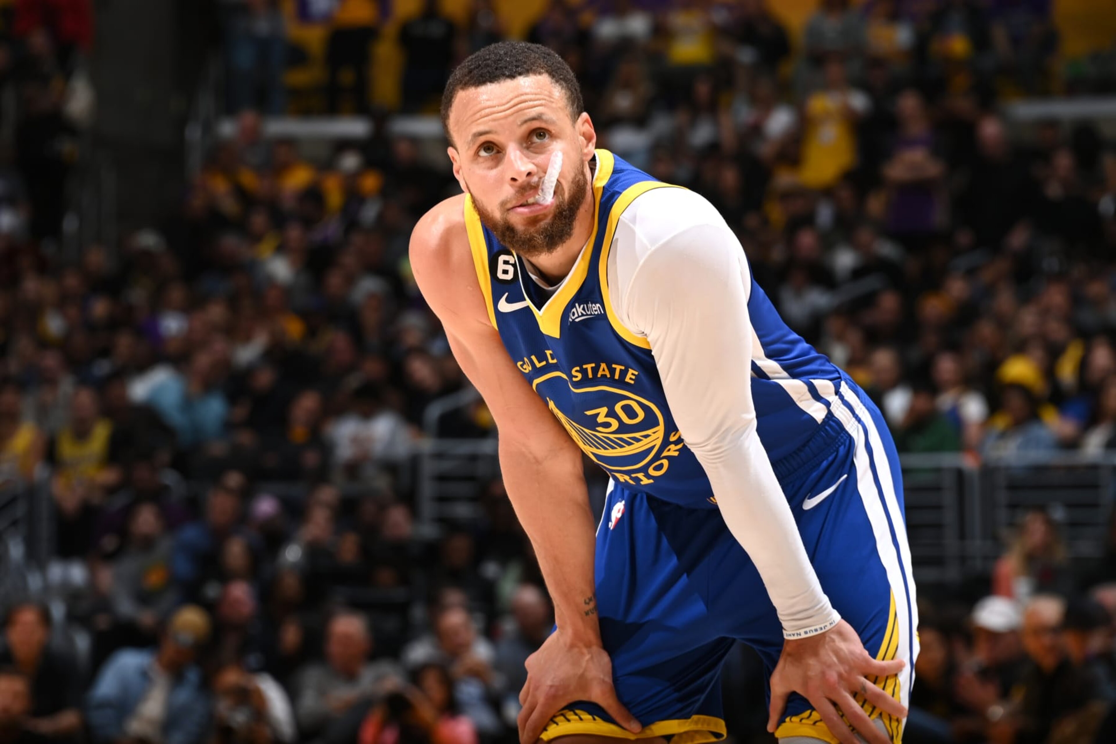 LOS ANGELES, CA - MAY 12: Stephen Curry #30 of the Golden State Warriors looks on during Game 6 of the Western Conference Semi-Finals 2023 NBA Playoffs on May 12, 2023 at Crypto.Com Arena in Los Angeles, California. NOTE TO USER: User expressly acknowledges and agrees that, by downloading and/or using this Photograph, user is consenting to the terms and conditions of the Getty Images License Agreement. Mandatory Copyright Notice: Copyright 2023 NBAE (Photo by Andrew D. Bernstein/NBAE via Getty Images) LOS ANGELES, CA - MAY 12: Stephen Curry #30 of the Golden State Warriors looks on during Game 6 of the Western Conference Semi-Finals 2023 NBA Playoffs on May 12, 2023 at Crypto.Com Arena in Los Angeles, California. NOTE TO USER: User expressly acknowledges and agrees that, by downloading and/or using this Photograph, user is consenting to the terms and conditions of the Getty Images License Agreement. Mandatory Copyright Notice: Copyright 2023 NBAE (Photo by Andrew D. Bernstein/NBAE via Getty Images)