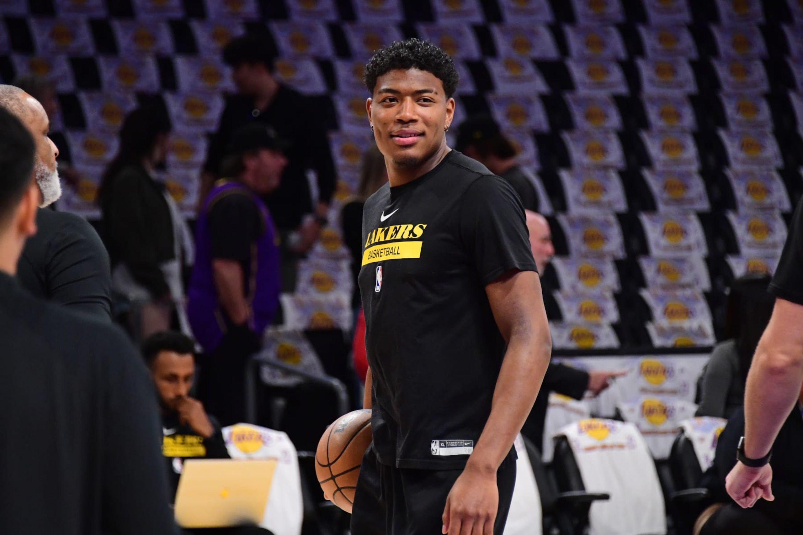 LOS ANGELES, CA - MAY 20: Rui Hachimura #28 of the Los Angeles Lakers smiles before Game Three of the Western Conference Finals against the Denver Nuggets on May 20, 2023 at Crypto.Com Arena in Los Angeles, California. NOTE TO USER: User expressly acknowledges and agrees that, by downloading and/or using this Photograph, user is consenting to the terms and conditions of the Getty Images License Agreement. Mandatory Copyright Notice: Copyright 2023 NBAE (Photo by Adam Pantozzi/NBAE via Getty Images)