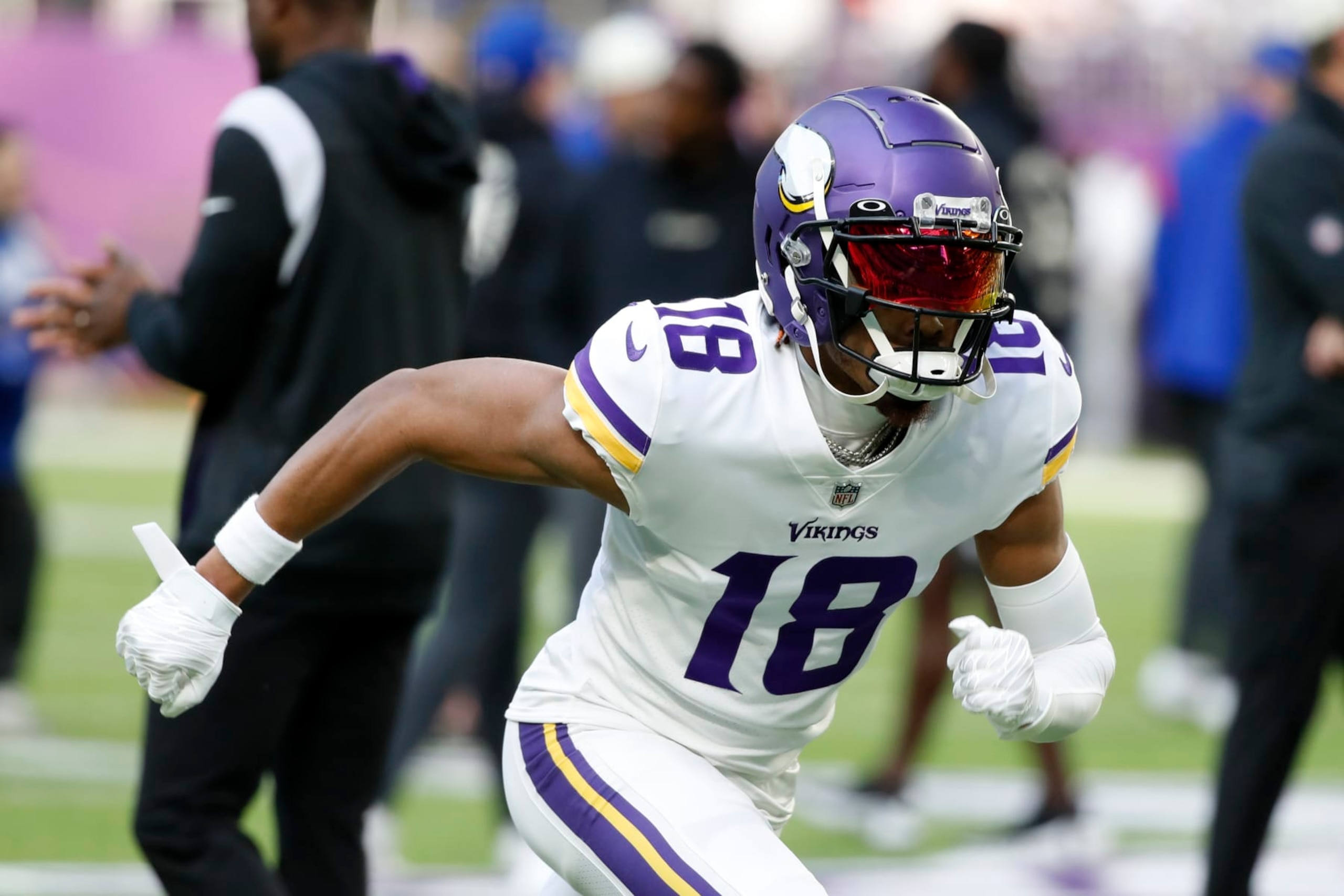 Minnesota Vikings wide receiver Justin Jefferson warms up before an NFL football game against the New York Giants, Saturday, Dec. 24, 2022, in Minneapolis. (AP Photo/Bruce Kluckhohn) Minnesota Vikings wide receiver Justin Jefferson warms up before an NFL football game against the New York Giants, Saturday, Dec. 24, 2022, in Minneapolis. (AP Photo/Bruce Kluckhohn)