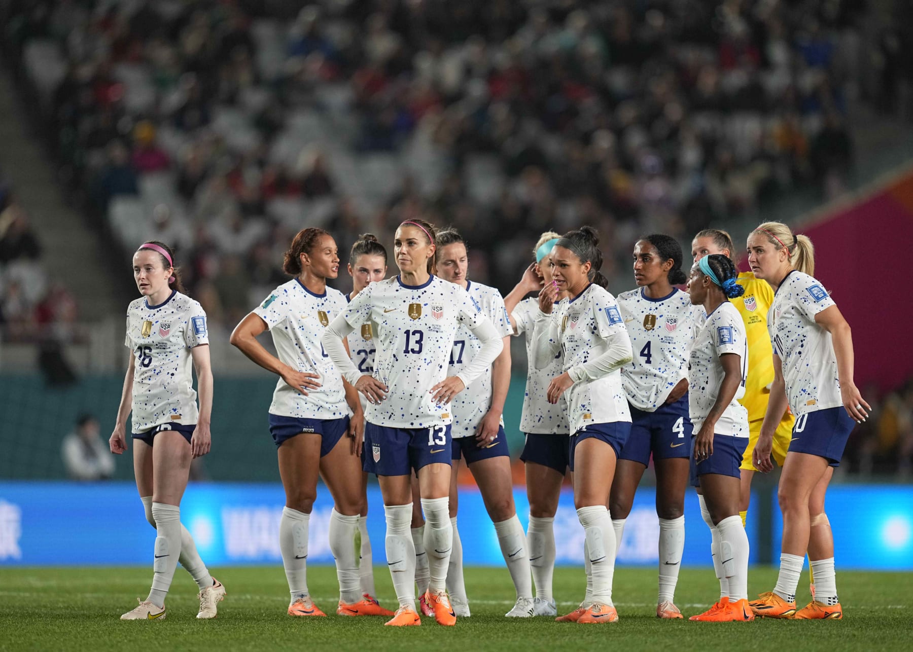 AUCKLAND, NEW ZEALAND - AUGUST 1: USA team during the FIFA Women's World Cup Australia & New Zealand 2023 Group E match between Portugal and USA at Eden Park on August 1, 2023 in Auckland, New Zealand. (Photo by Ulrik Pedersen/DeFodi Images via Getty Images)