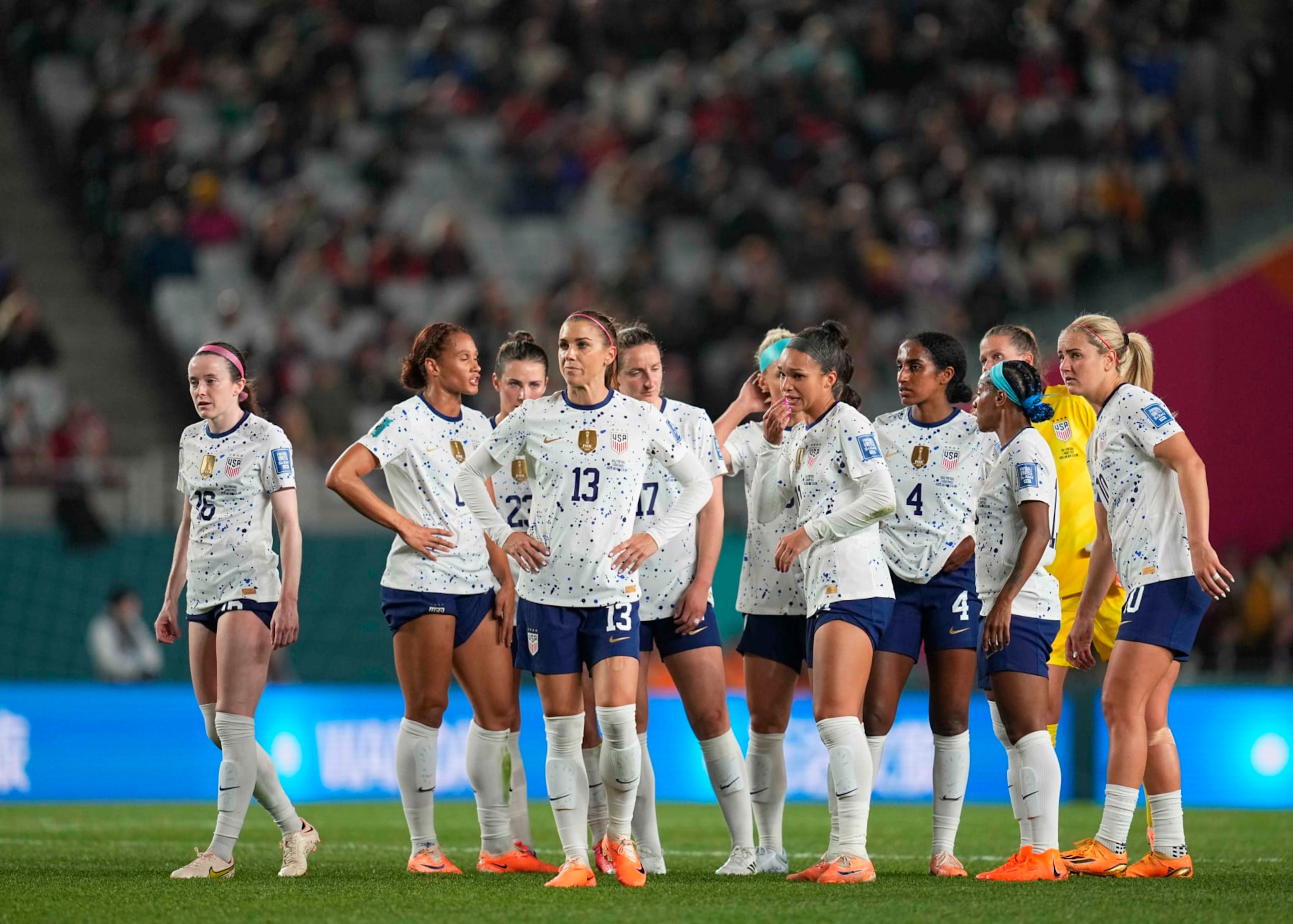 AUCKLAND, NEW ZEALAND - AUGUST 1: USA team during the FIFA Women's World Cup Australia & New Zealand 2023 Group E match between Portugal and USA at Eden Park on August 1, 2023 in Auckland, New Zealand. (Photo by Ulrik Pedersen/DeFodi Images via Getty Images)