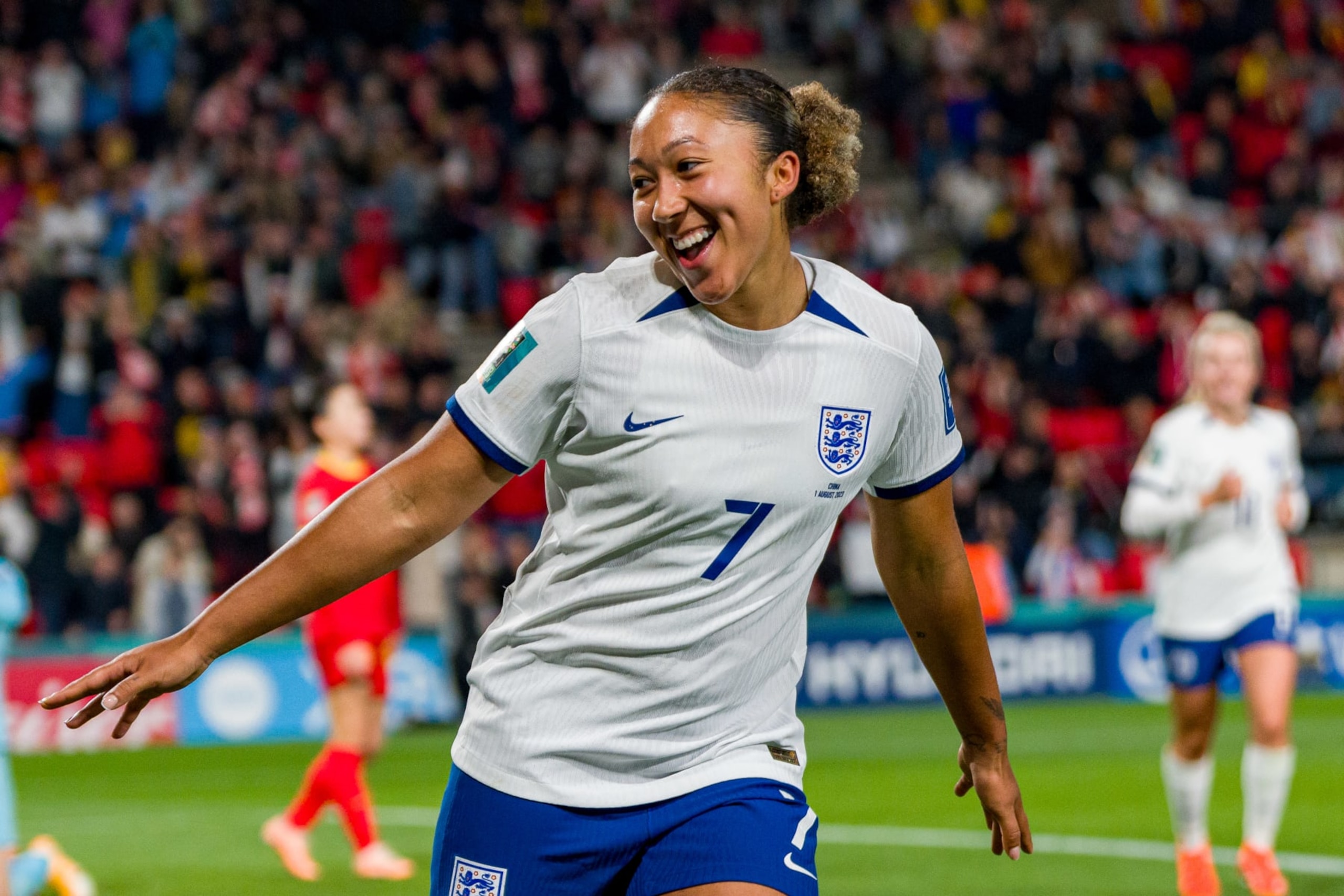 ADELAIDE, AUSTRALIA - AUGUST 01: Lauren James of England celebrates England's fourth and her second goal during the FIFA Women's World Cup Australia & New Zealand 2023 Group D match between China and England at Hindmarsh Stadium on August 01, 2023 in Adelaide, Australia. (Photo by Andy Cheung/Getty Images)