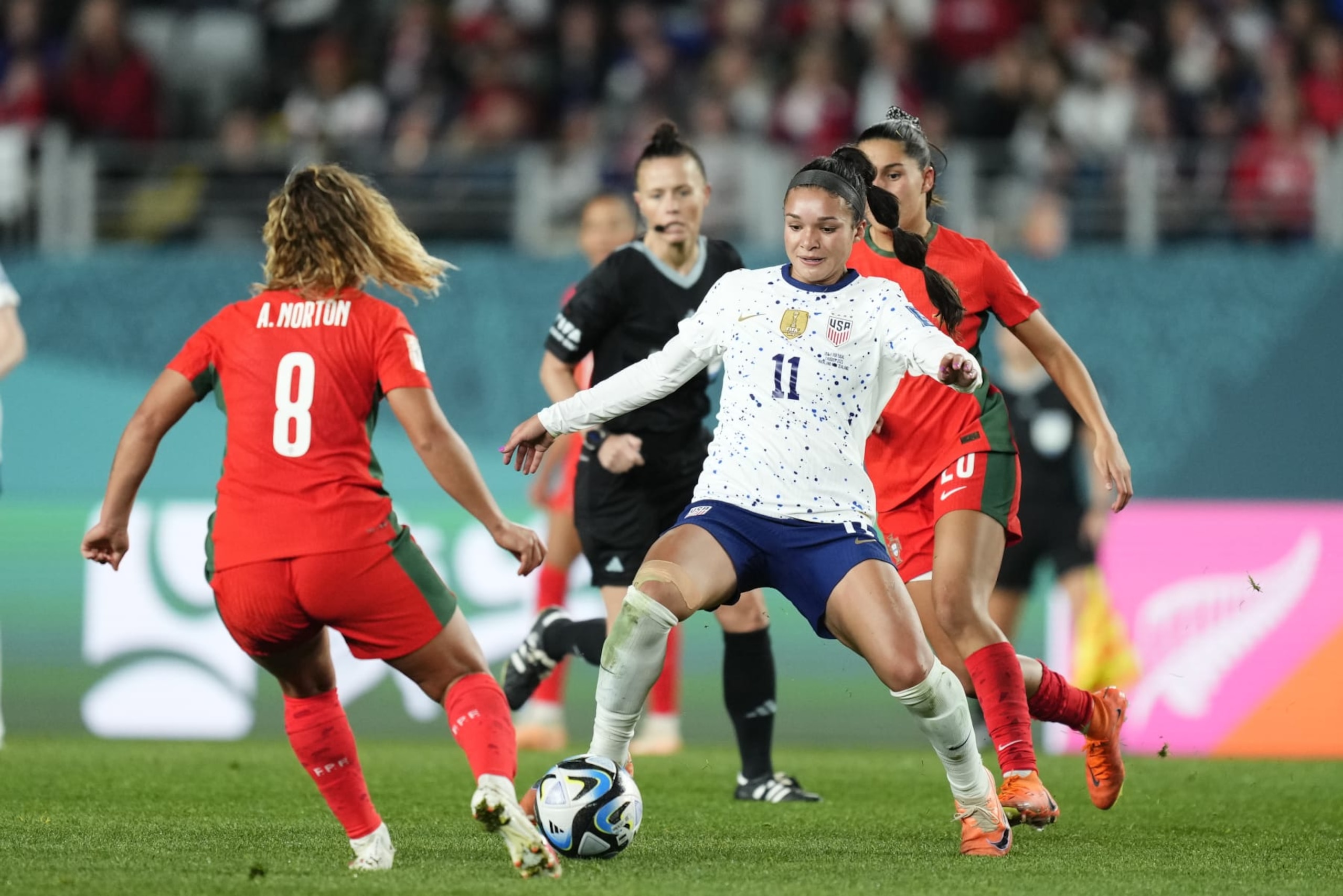 AUCKLAND, NEW ZEALAND - AUGUST 01: Sophia Smith (11) of United States in action against Andreia Norton (8) of Portugal during the FIFA Women's World Cup Group E soccer match between Portugal and United States at Eden Park in Auckland, New Zealand on August 01, 2023. (Photo by Jose Hernandez/Anadolu Agency via Getty Images)