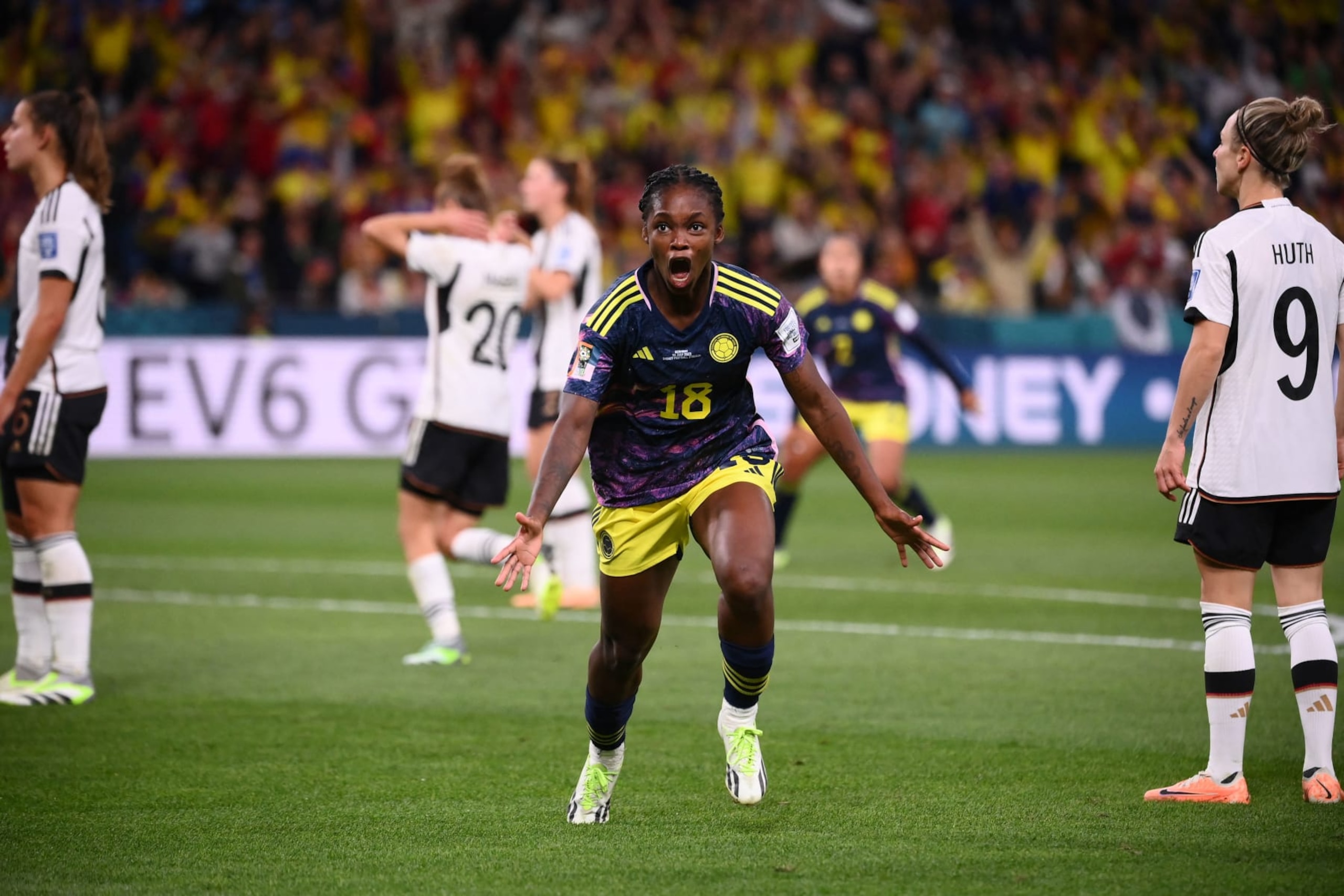 TOPSHOT - Colombia's forward #18 Linda Caicedo (C) celebrates scoring her team's first goal during the Australia and New Zealand 2023 Women's World Cup Group H football match between Germany and Colombia at Sydney Football Stadium in Sydney on July 30, 2023. (Photo by FRANCK FIFE / AFP) (Photo by FRANCK FIFE/AFP via Getty Images)