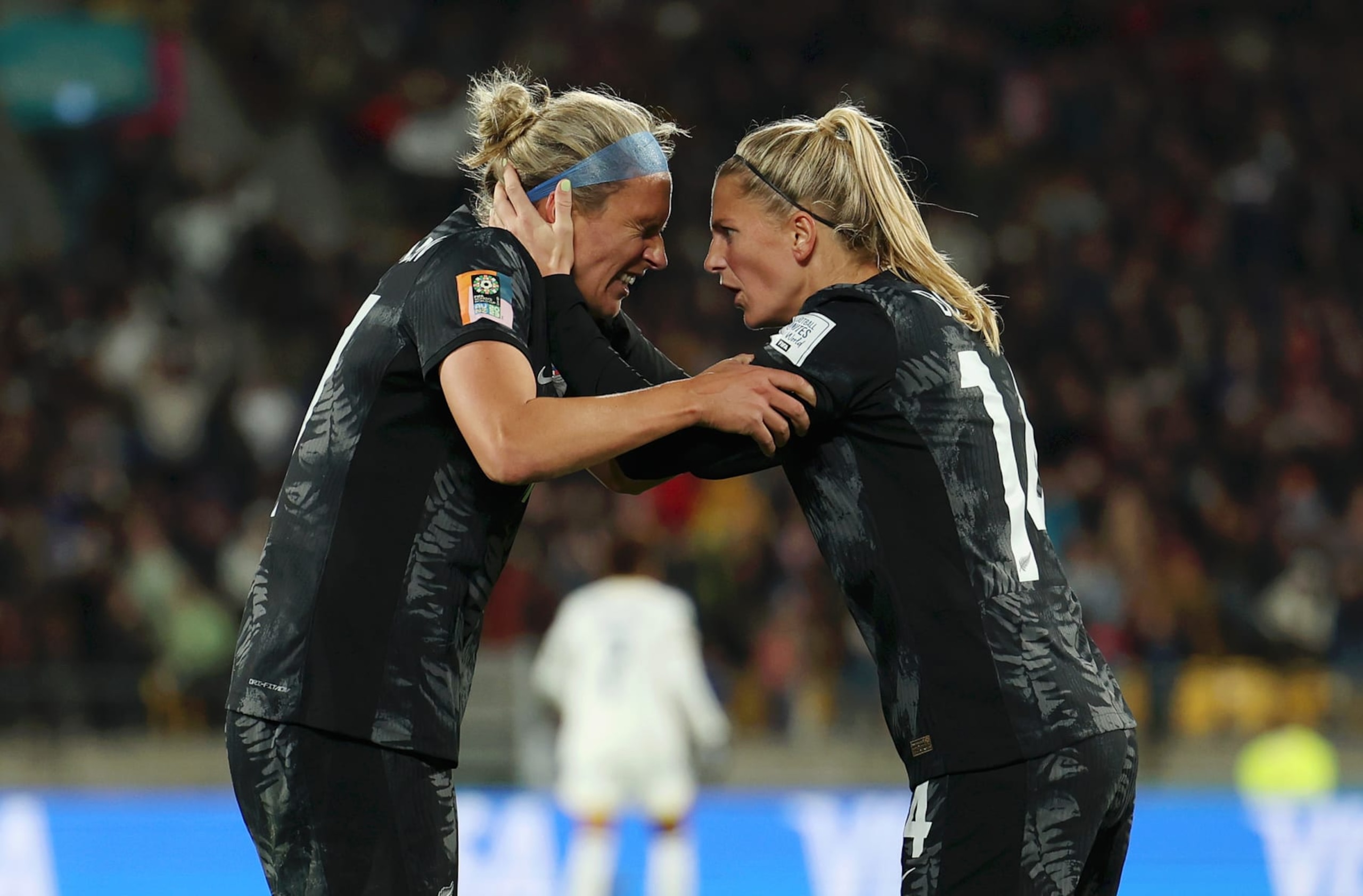 WELLINGTON, NEW ZEALAND - JULY 25: Hannah Wilkinson (L) and Katie Bowen (R) of New Zealand reacts after the team's goal is ruled out due to offside during the FIFA Women's World Cup Australia & New Zealand 2023 Group A match between New Zealand and Philippines at Wellington Regional Stadium on July 25, 2023 in Wellington / Te Whanganui-a-Tara, New Zealand. (Photo by Maja Hitij - FIFA/FIFA via Getty Images)