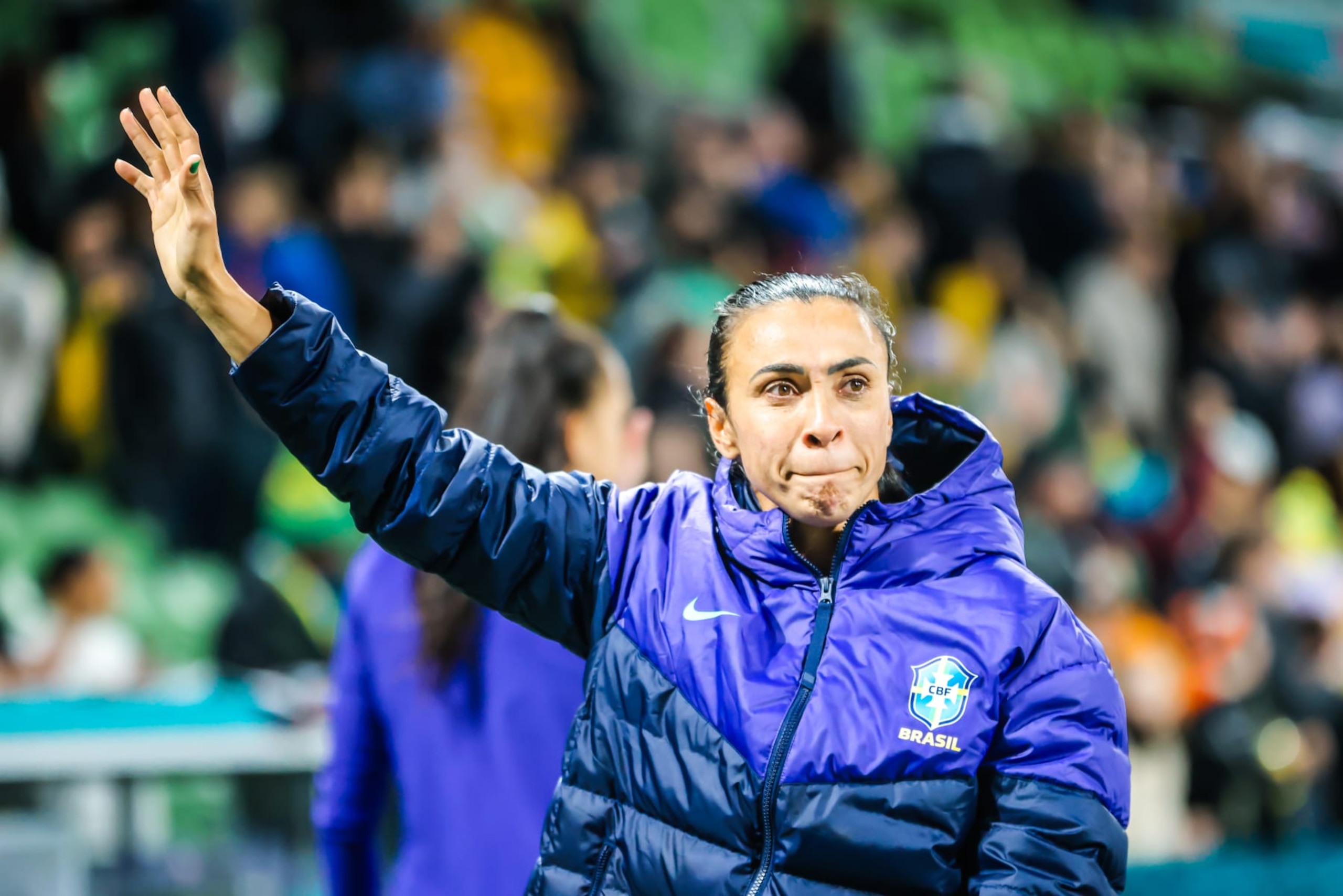 MELBOURNE, AUSTRALIA - AUGUST 02: An upset MARTA of Brazil thanks the fans after Brazil goes out of the World Cup after a draw with Jamaica at the FIFA Women's World Cup Australia & New Zealand 2023 at Melbourne Rectangular Stadium. (Photo credit should read Chris Putnam/Future Publishing via Getty Images)