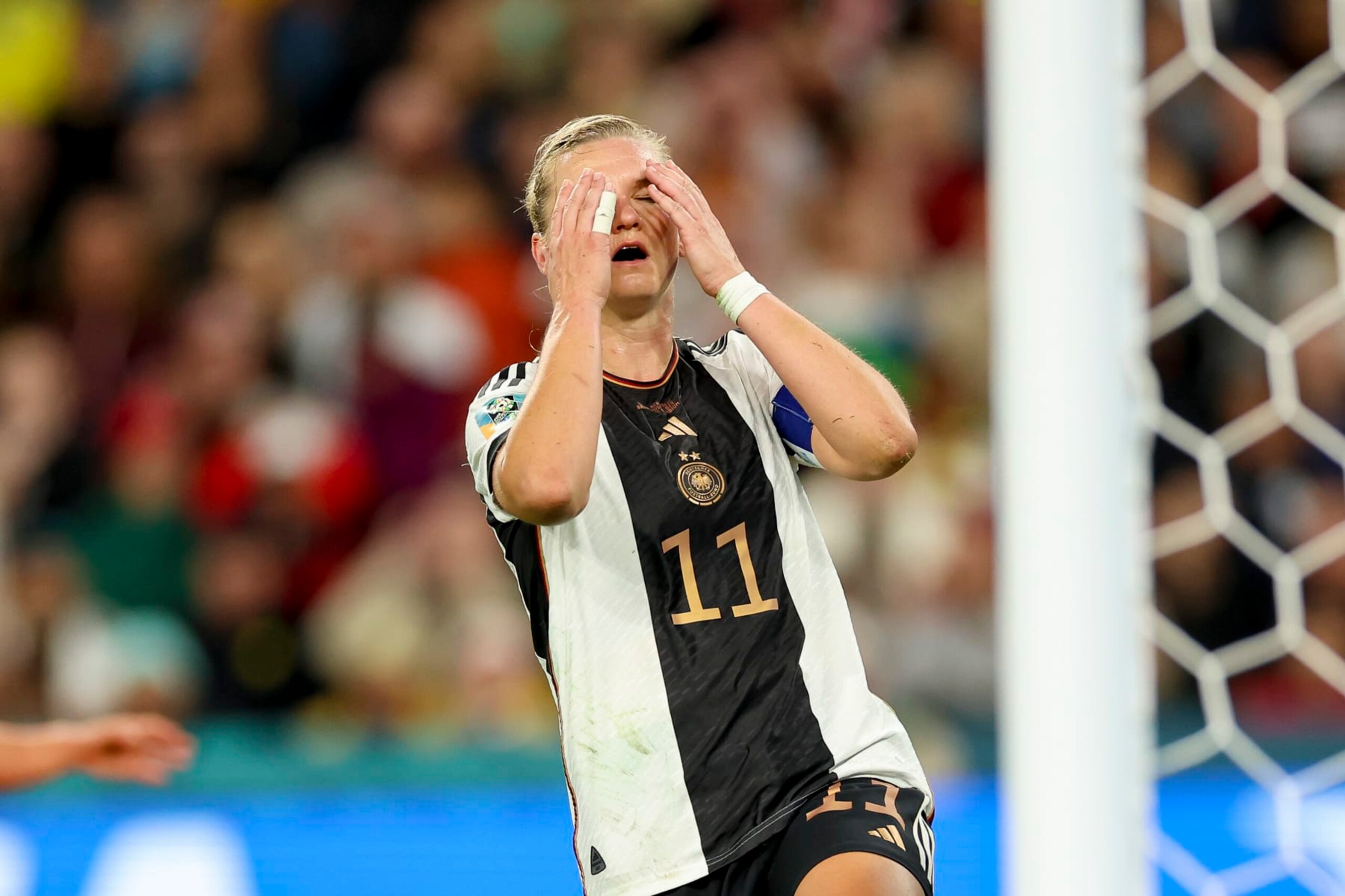 BRISBANE, AUSTRALIA - AUGUST 3: Alexandra Popp of Germany looks dejected during the FIFA Women's World Cup Australia & New Zealand 2023 Group H match between South Korea and Germany at Brisbane Stadium on August 3, 2023 in Brisbane, Australia. (Photo by Sajad Imanian/DeFodi Images via Getty Images)