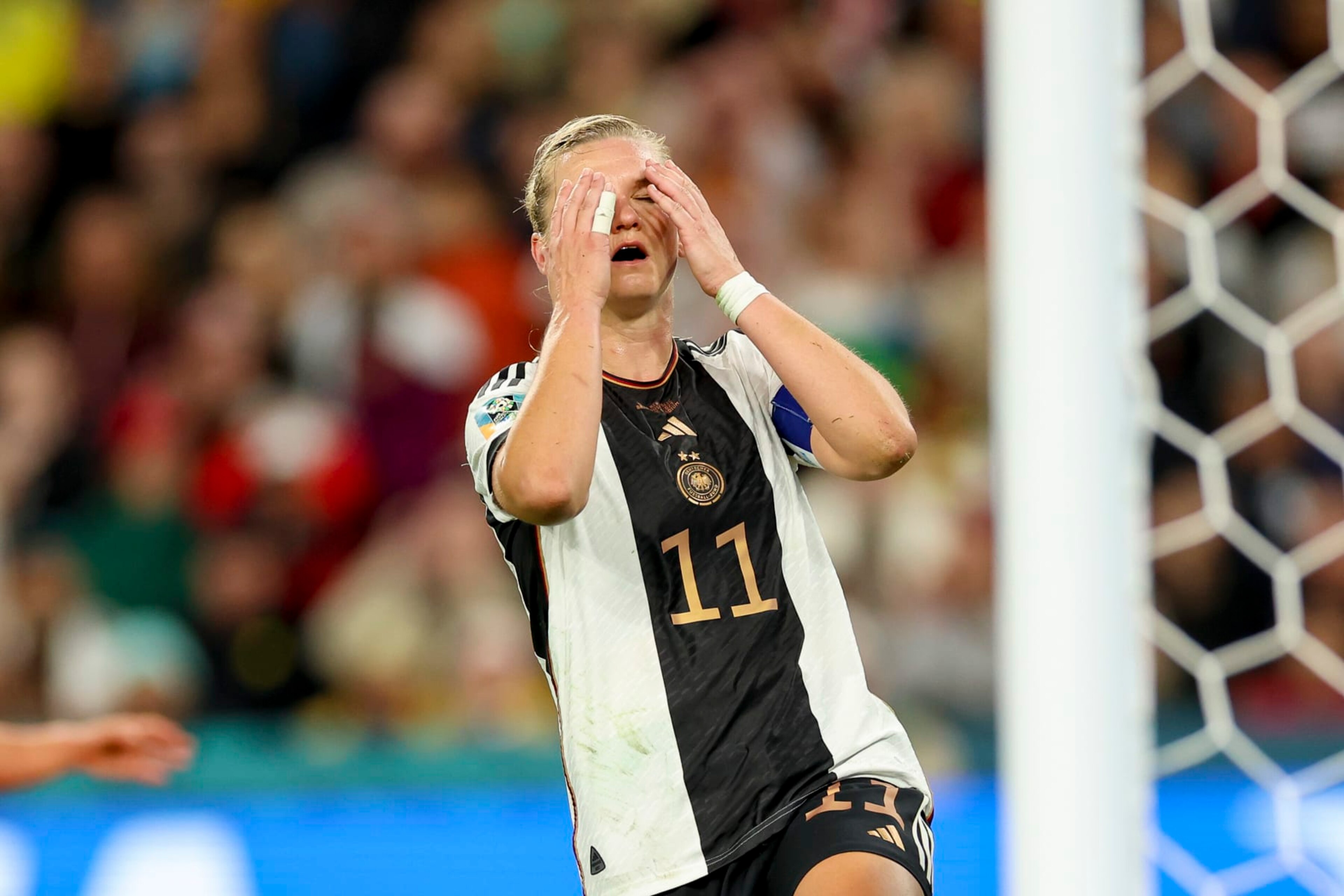 BRISBANE, AUSTRALIA - AUGUST 3: Alexandra Popp of Germany looks dejected during the FIFA Women's World Cup Australia & New Zealand 2023 Group H match between South Korea and Germany at Brisbane Stadium on August 3, 2023 in Brisbane, Australia. (Photo by Sajad Imanian/DeFodi Images via Getty Images)