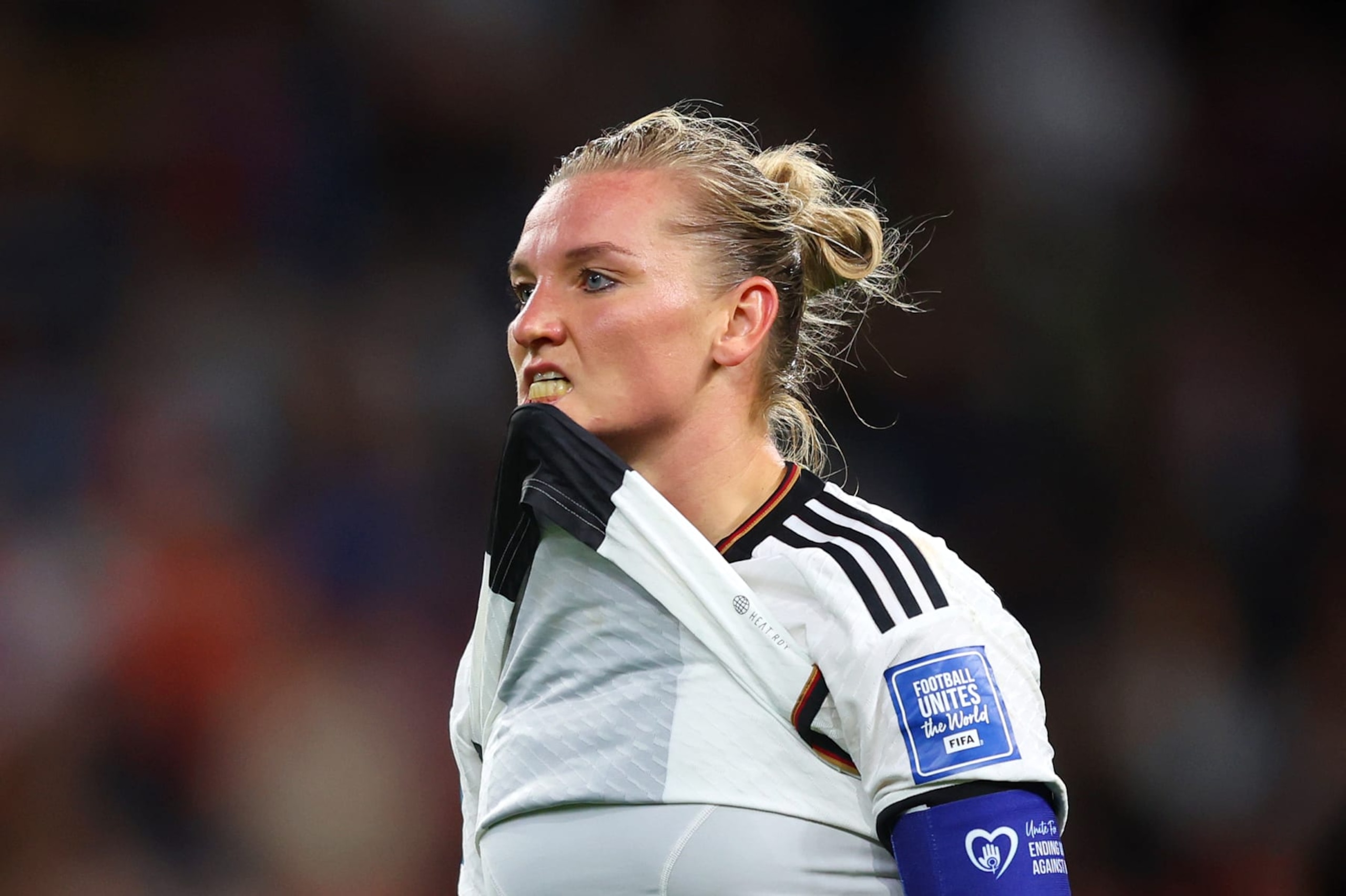 BRISBANE, AUSTRALIA - AUGUST 03: Alexandra Popp of Germany reacts after scoring a goal which was later ruled offside by VAR during the FIFA Women's World Cup Australia & New Zealand 2023 Group H match between South Korea and Germany at Brisbane Stadium on August 03, 2023 in Brisbane, Australia. (Photo by Chris Hyde - FIFA/FIFA via Getty Images)