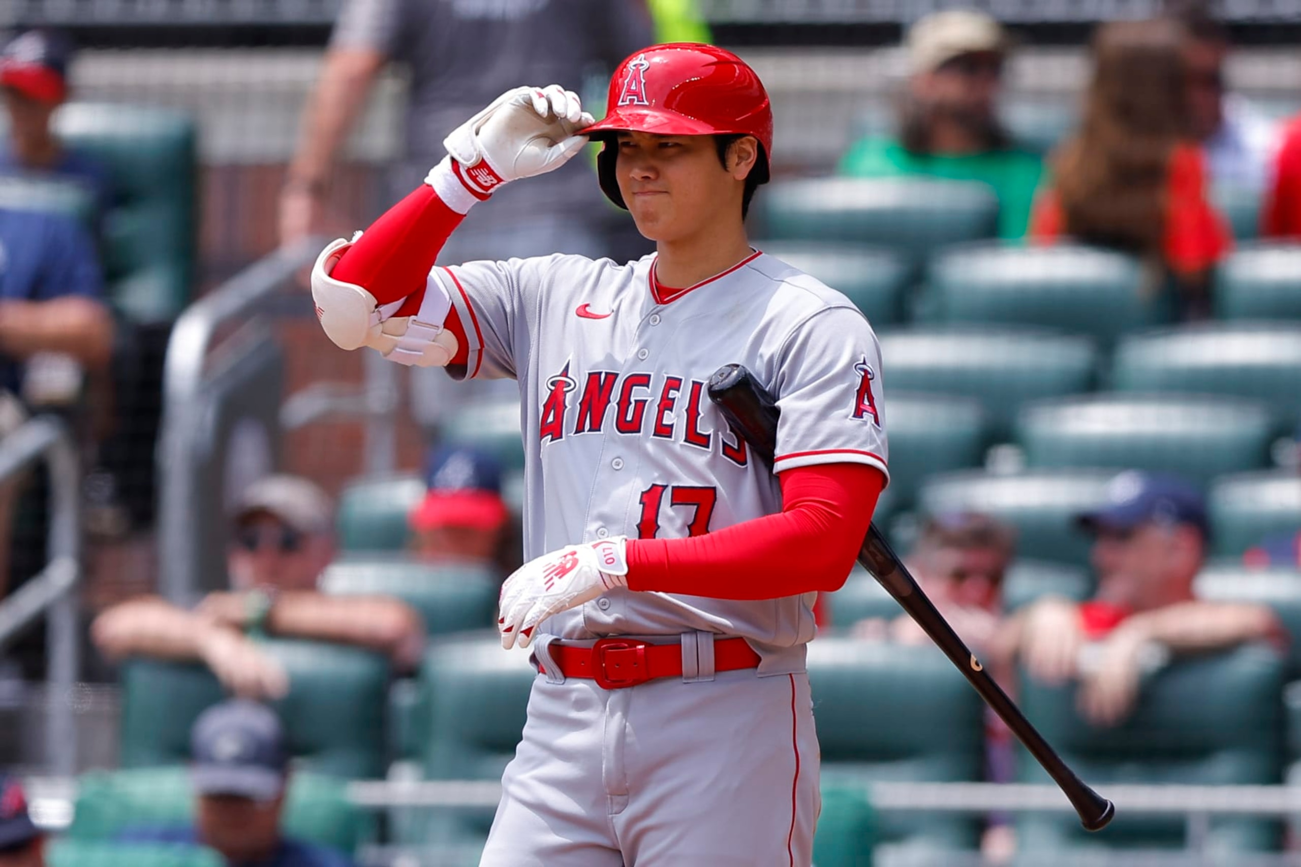 ATLANTA, GEORGIA - AUGUST 2: Shohei Ohtani #17 of the Los Angeles Angels comes to bat during the sixth inning against the Atlanta Braves at Truist Park on August 2, 2023 in Atlanta, Georgia. (Photo by Todd Kirkland/Getty Images)