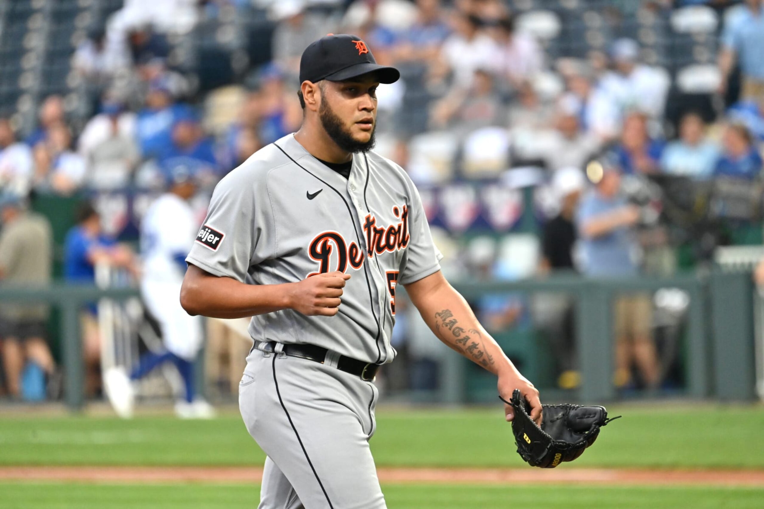 KANSAS CITY, MO - JULY 19: Detroit Tigers starting pitcher Eduardo Rodriguez (57) as seen during  a MLB game between the Detroit Tigers and the Kansas City Royals on July 19, 2023, at Kauffman Stadium in Kansas City, Mo. (Photo by Keith Gillett/Icon Sportswire via Getty Images)