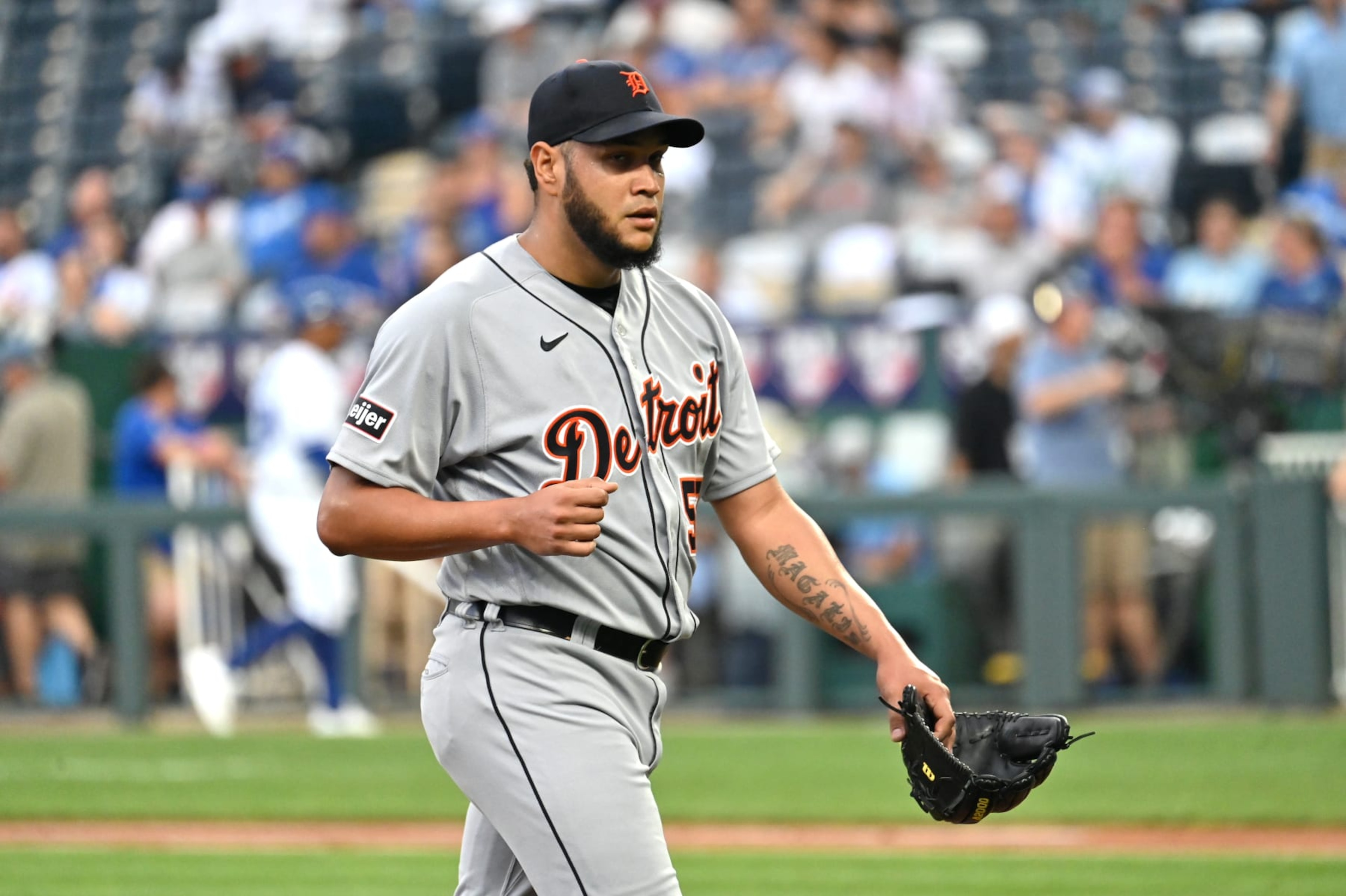 KANSAS CITY, MO - JULY 19: Detroit Tigers starting pitcher Eduardo Rodriguez (57) as seen during  a MLB game between the Detroit Tigers and the Kansas City Royals on July 19, 2023, at Kauffman Stadium in Kansas City, Mo. (Photo by Keith Gillett/Icon Sportswire via Getty Images)