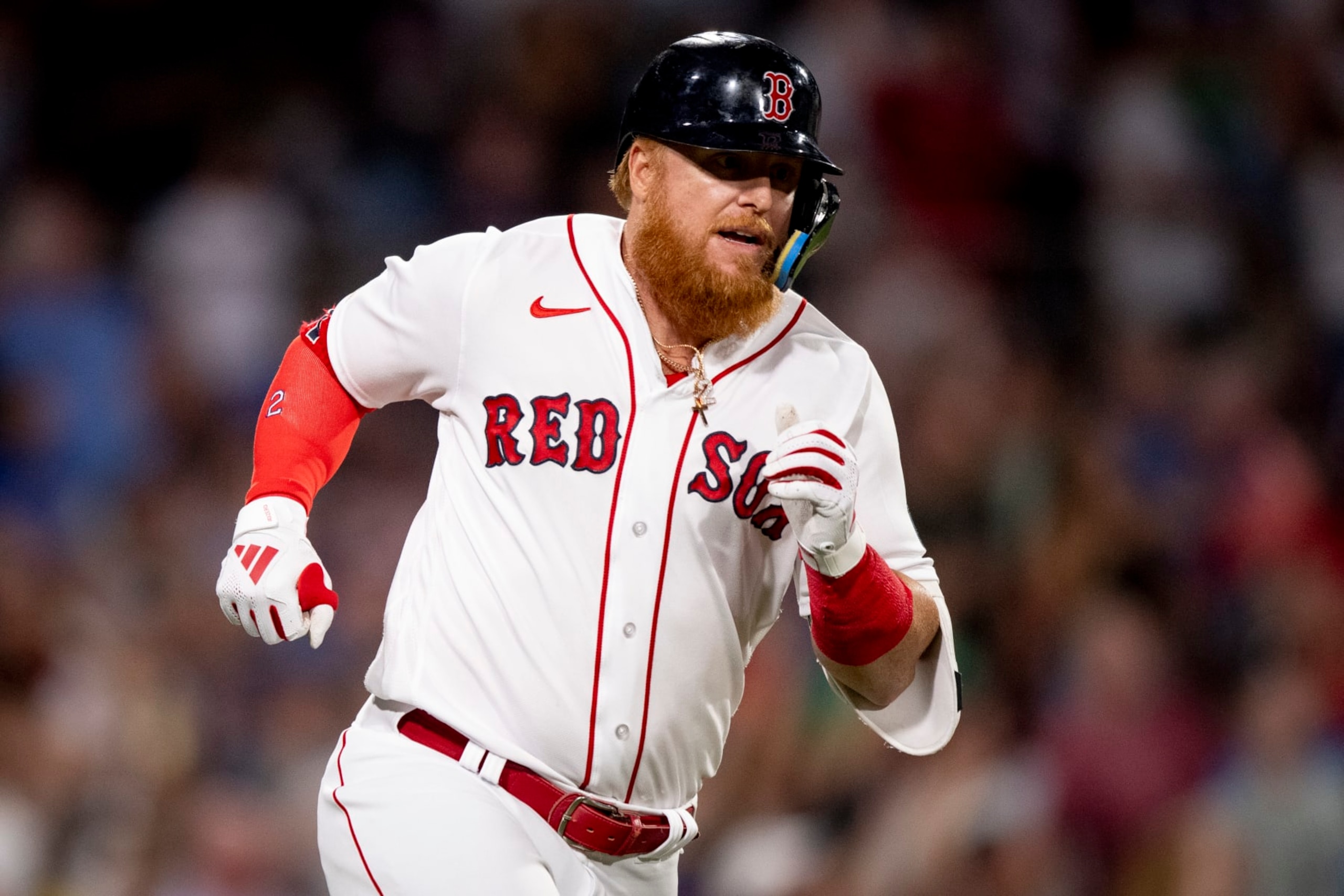 BOSTON, MA - JULY 22: Justin Turner #2 of the Boston Red Sox runs after hitting a home run during the seventh inning of a game against the New York Mets on July 22, 2023 at Fenway Park  in Boston, Massachusetts. (Photo by Maddie Malhotra/Boston Red Sox/Getty Images)