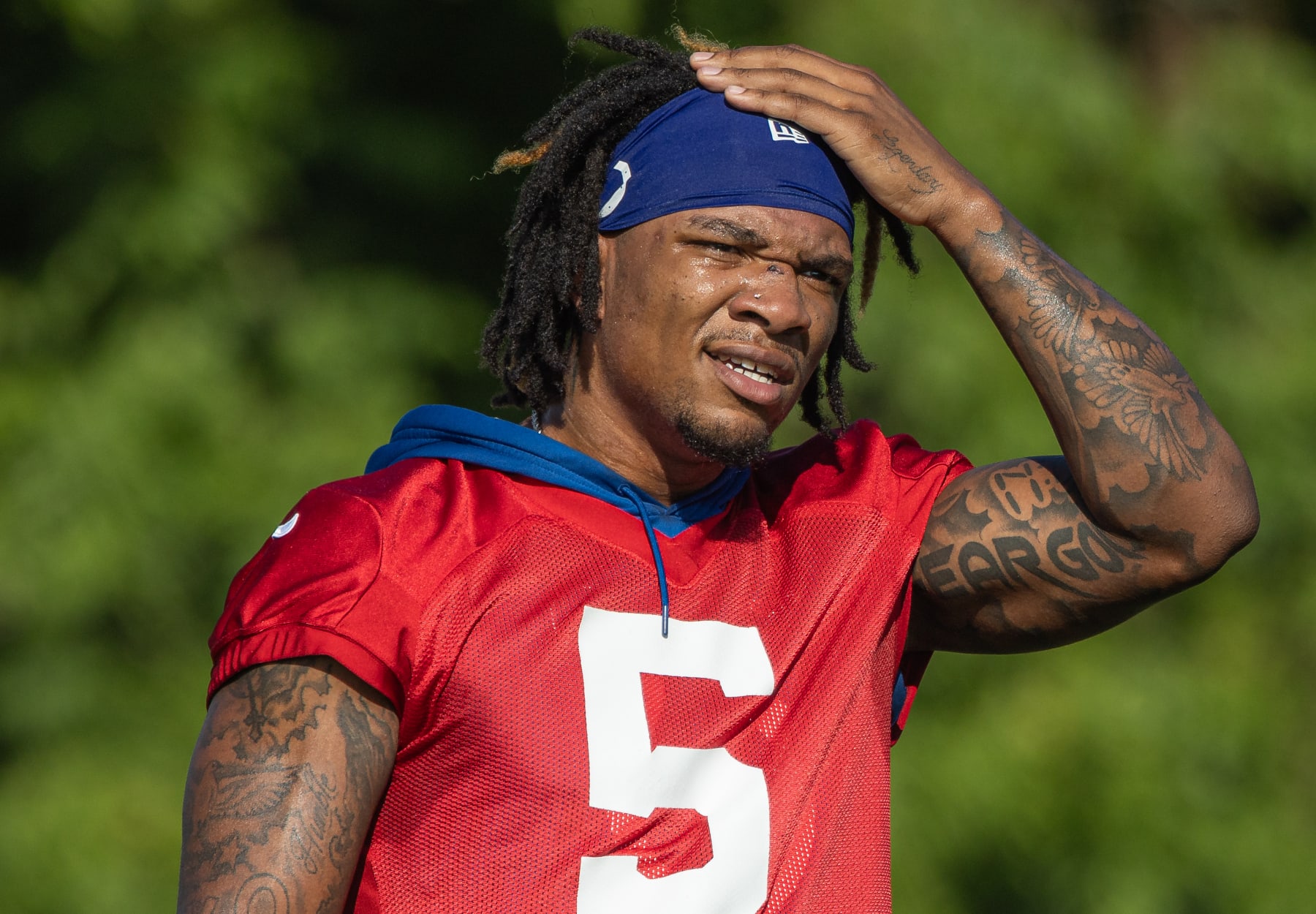 WESTFIELD, INDIANA - JULY 29: Anthony Richardson #5 of the Indianapolis Colts participates in training camp at Grand Park Sports Campus on July 29, 2023 in Westfield, Indiana. (Photo by Michael Hickey/Getty Images)