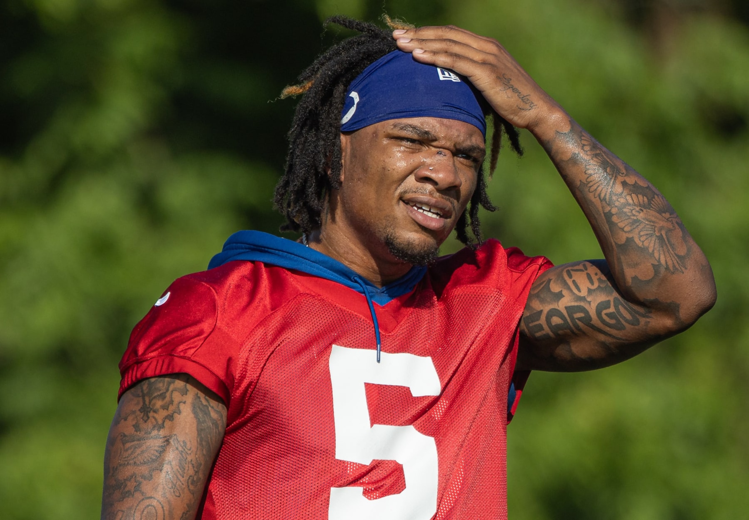 WESTFIELD, INDIANA - JULY 29: Anthony Richardson #5 of the Indianapolis Colts participates in training camp at Grand Park Sports Campus on July 29, 2023 in Westfield, Indiana. (Photo by Michael Hickey/Getty Images)