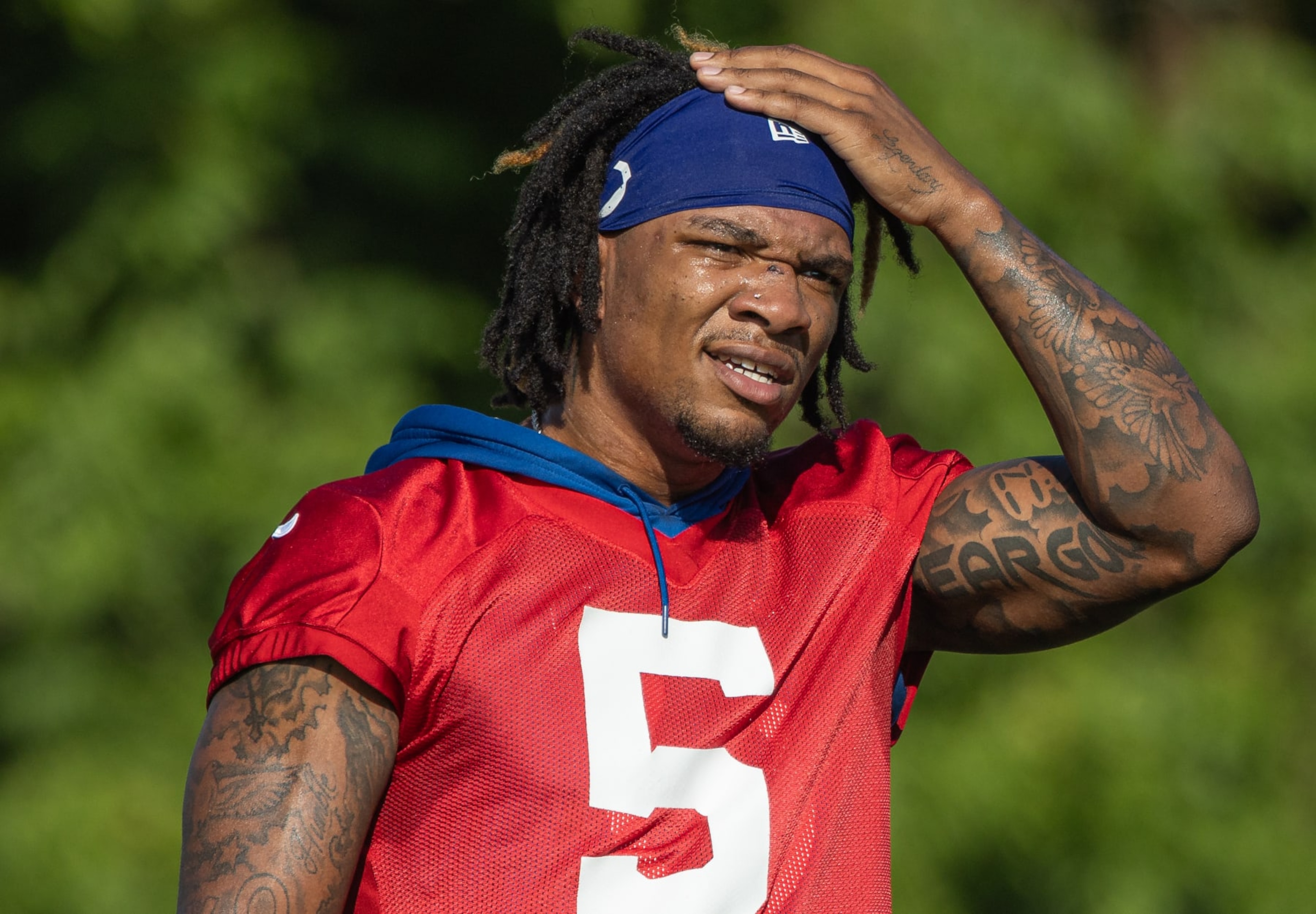 WESTFIELD, INDIANA - JULY 29: Anthony Richardson #5 of the Indianapolis Colts participates in training camp at Grand Park Sports Campus on July 29, 2023 in Westfield, Indiana. (Photo by Michael Hickey/Getty Images)