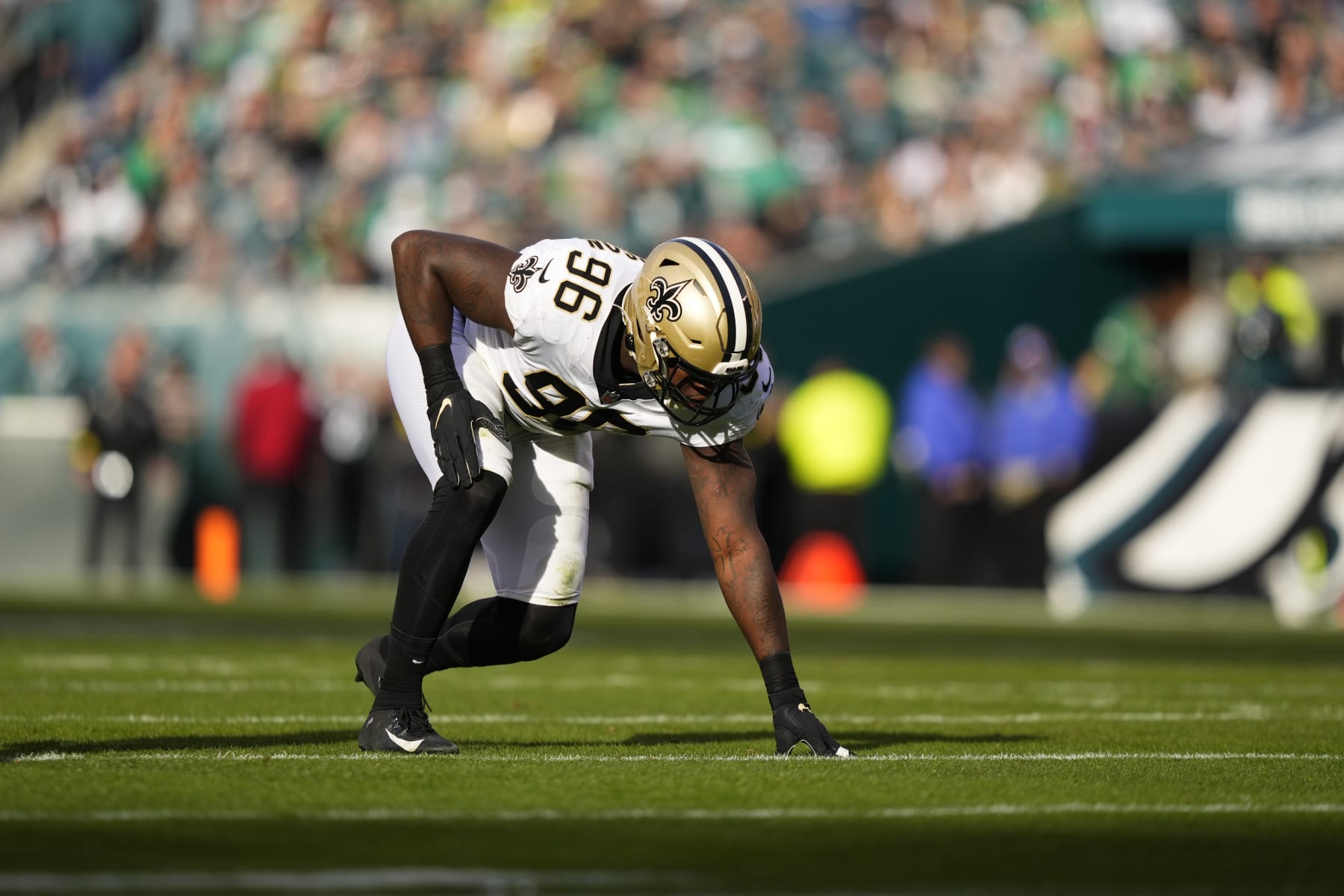 New Orleans Saints' Carl Granderson plays during an NFL football game, Sunday, Jan. 1, 2023, in Philadelphia. (AP Photo/Matt Slocum)