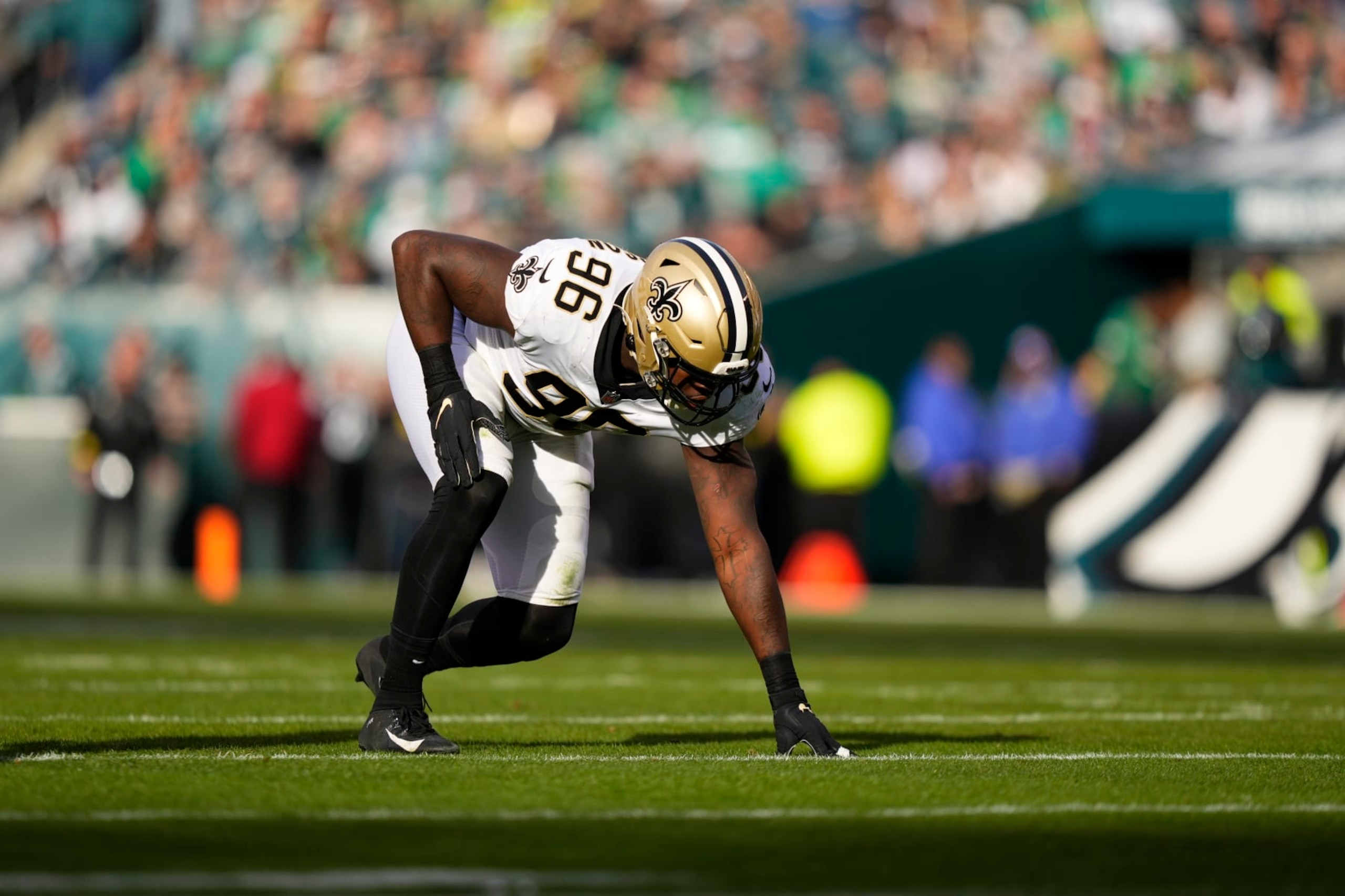 New Orleans Saints' Carl Granderson plays during an NFL football game, Sunday, Jan. 1, 2023, in Philadelphia. (AP Photo/Matt Slocum)