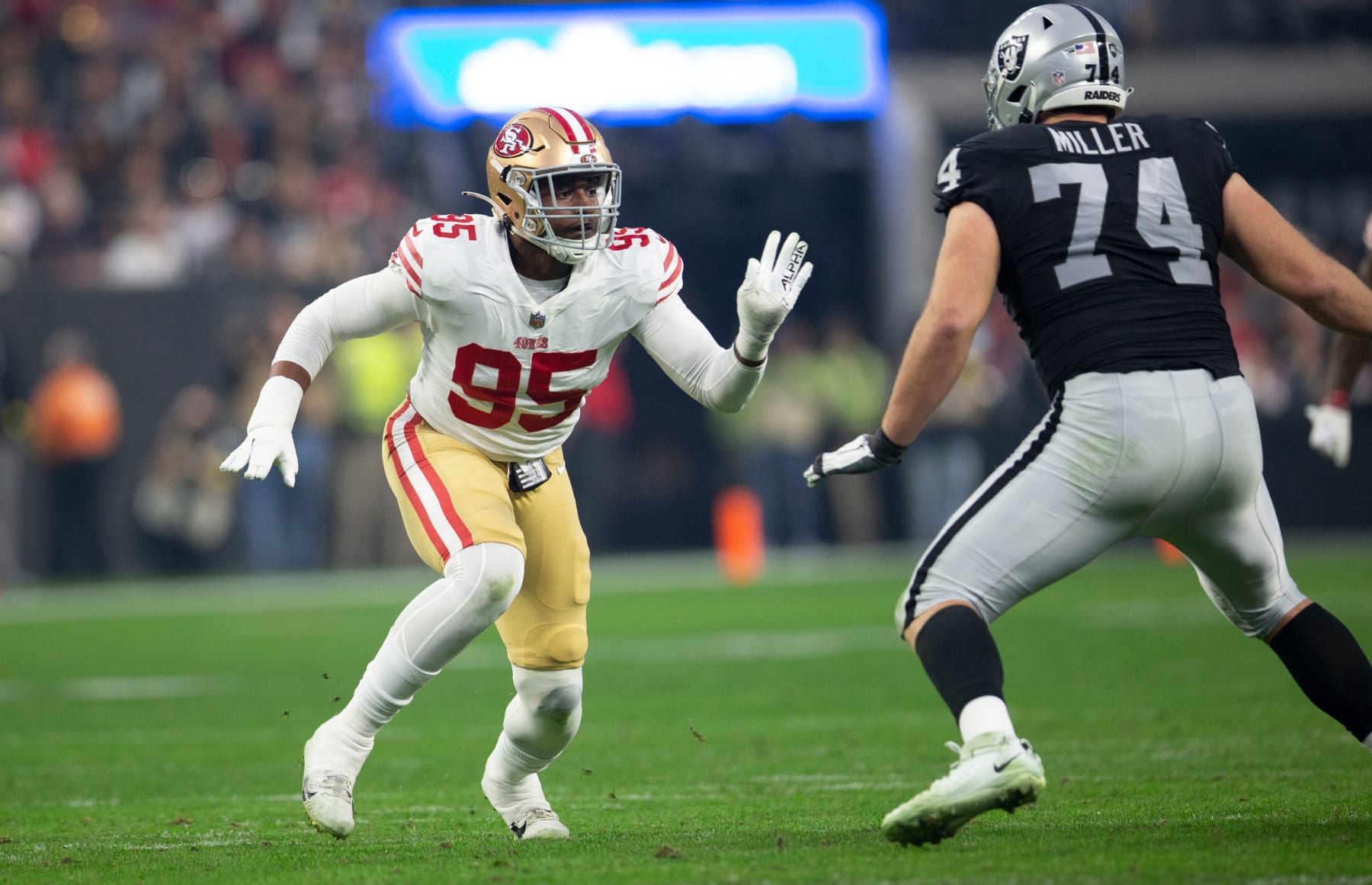 LAS VEGAS, NV - JANUARY 1: Drake Jackson #95 of the San Francisco 49ers rushes the quarterback during the game against the Las Vegas Raiders at Allegiant Stadium on January 1, 2023 in Las Vegas, Nevada. The 49ers defeated the Raiders 37-34. (Photo by Michael Zagaris/San Francisco 49ers/Getty Images)